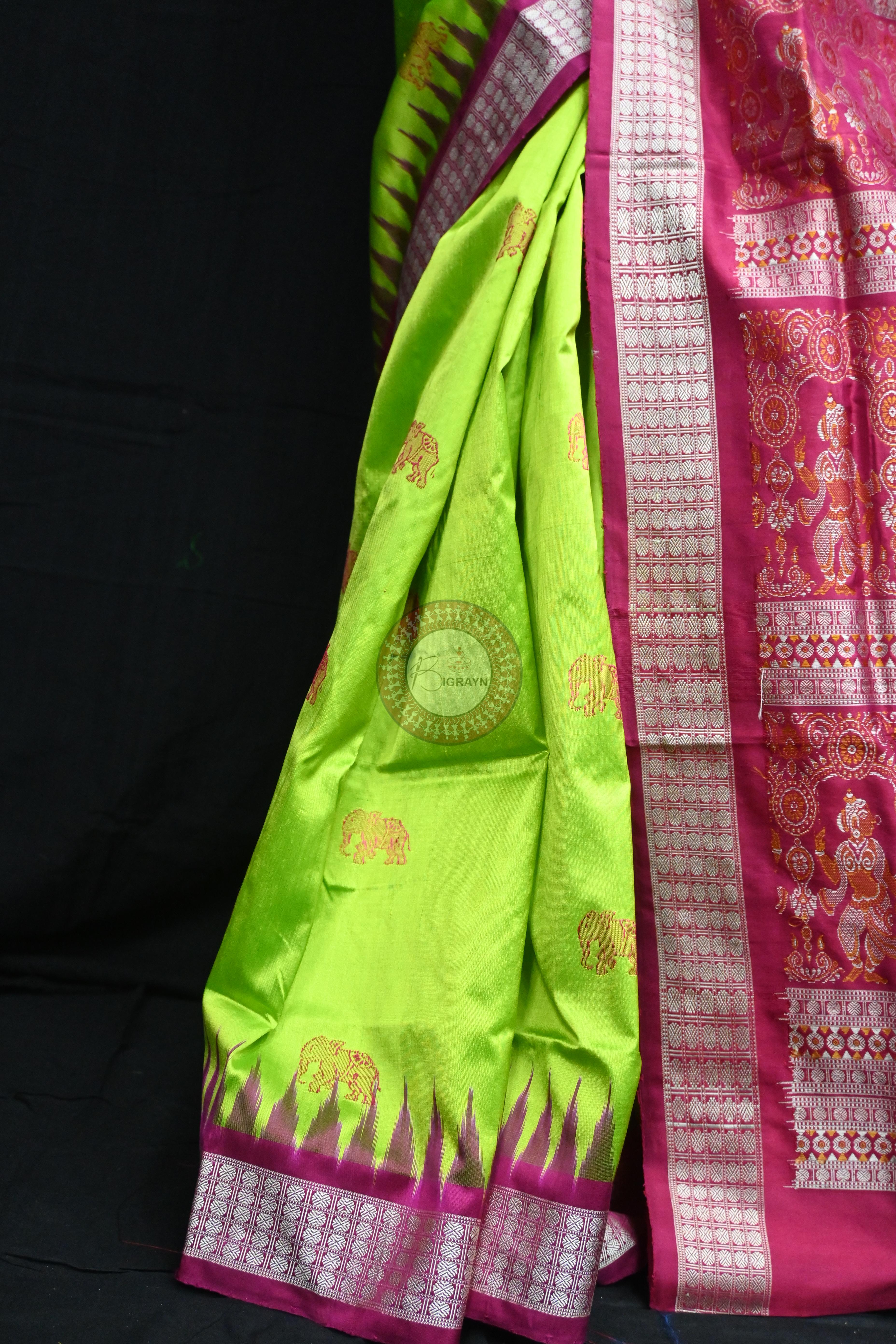 Neon Magenta Elephant Bomkai Silk Saree
