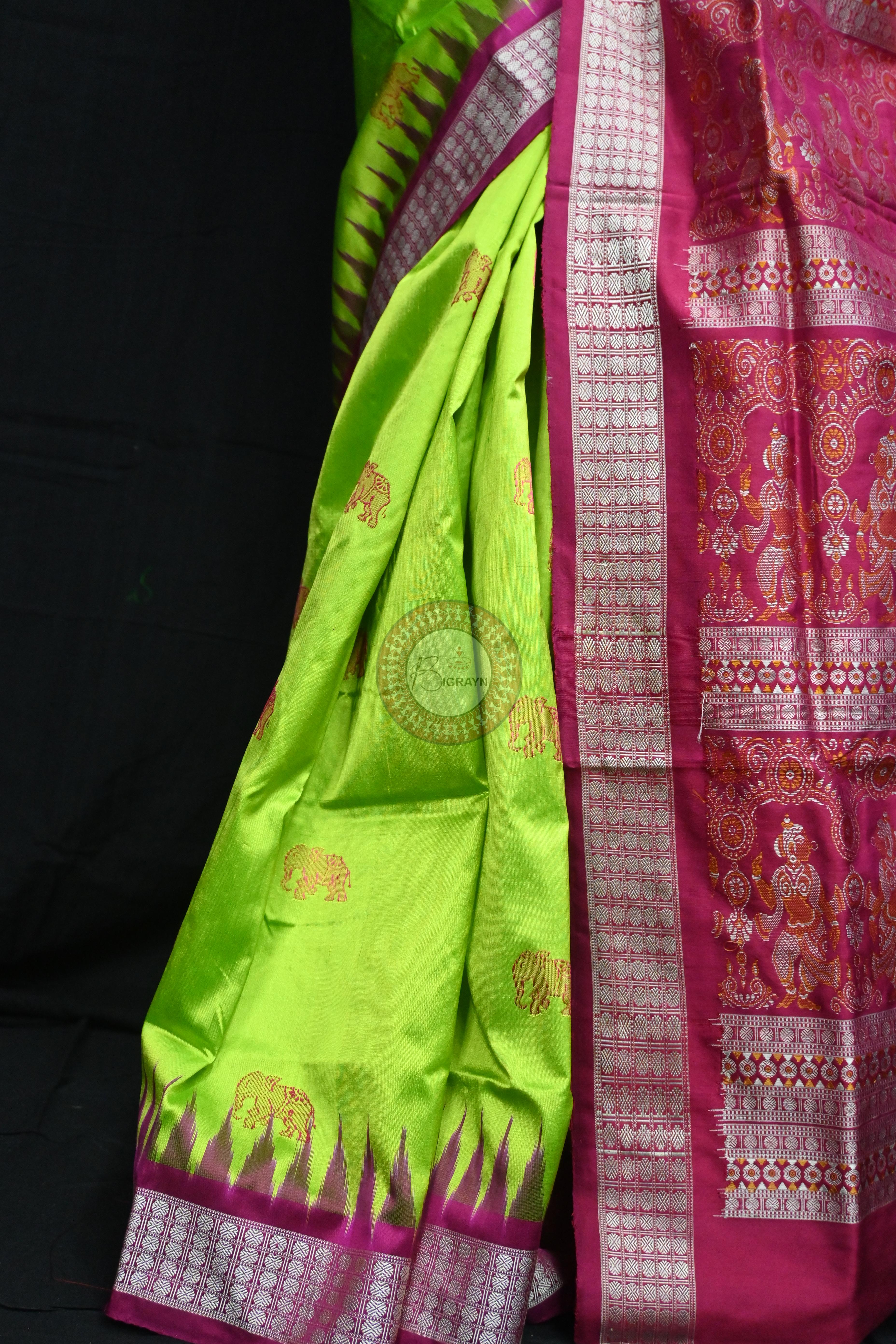 Neon Magenta Elephant Bomkai Silk Saree