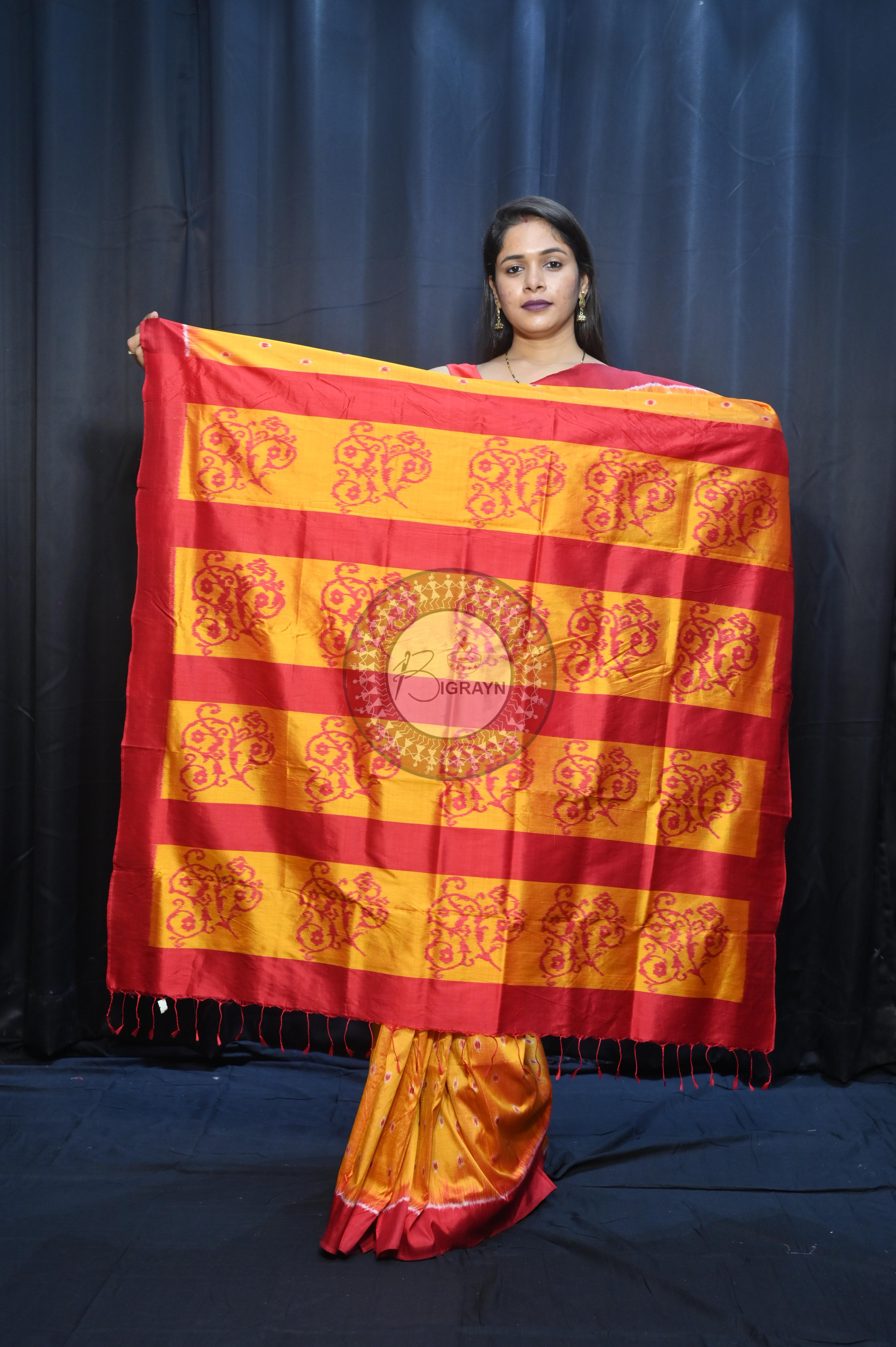 Yellow Maroon Dots Design Mulberry Silk Saree