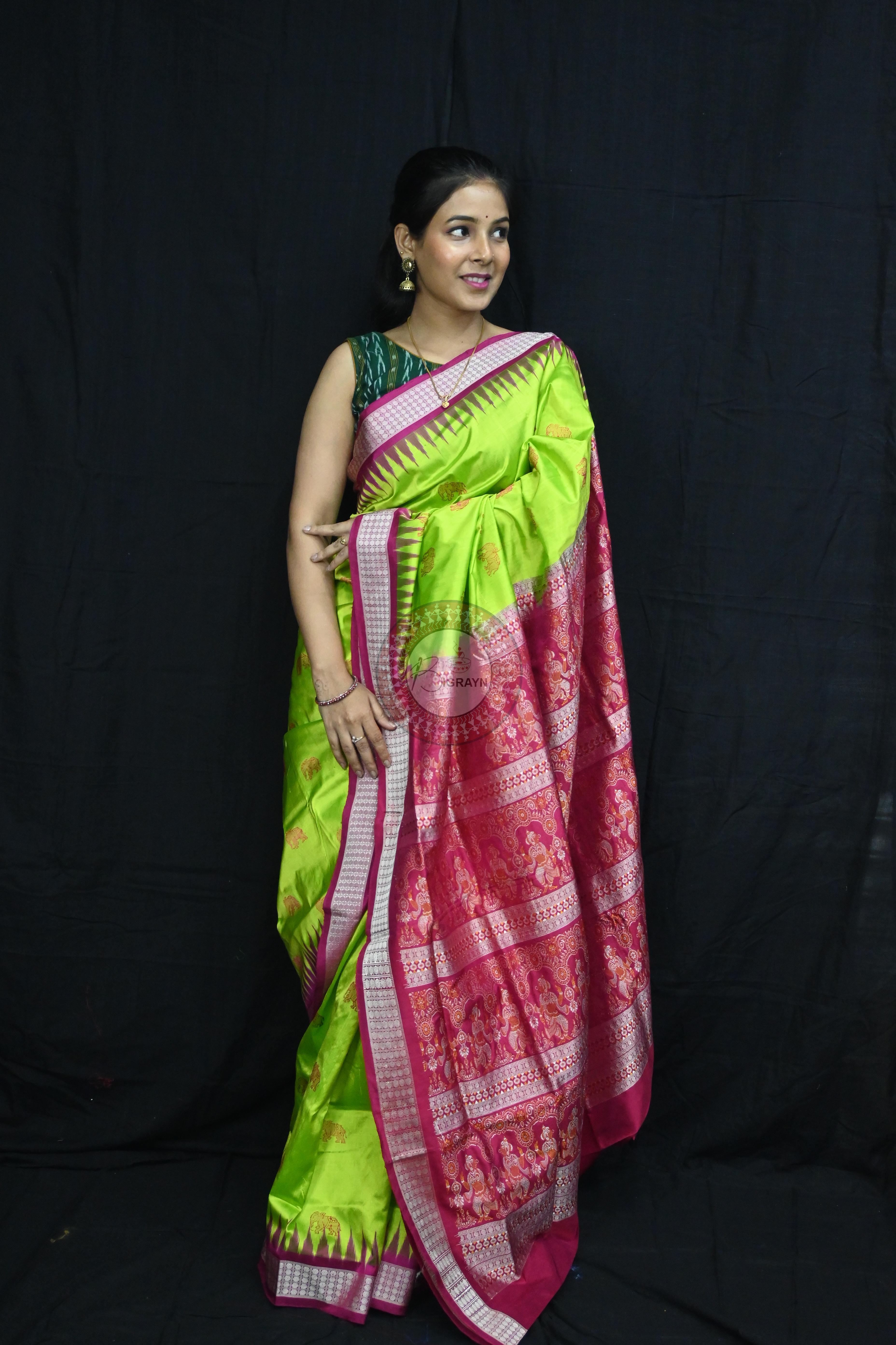 Neon Magenta Elephant Bomkai Silk Saree