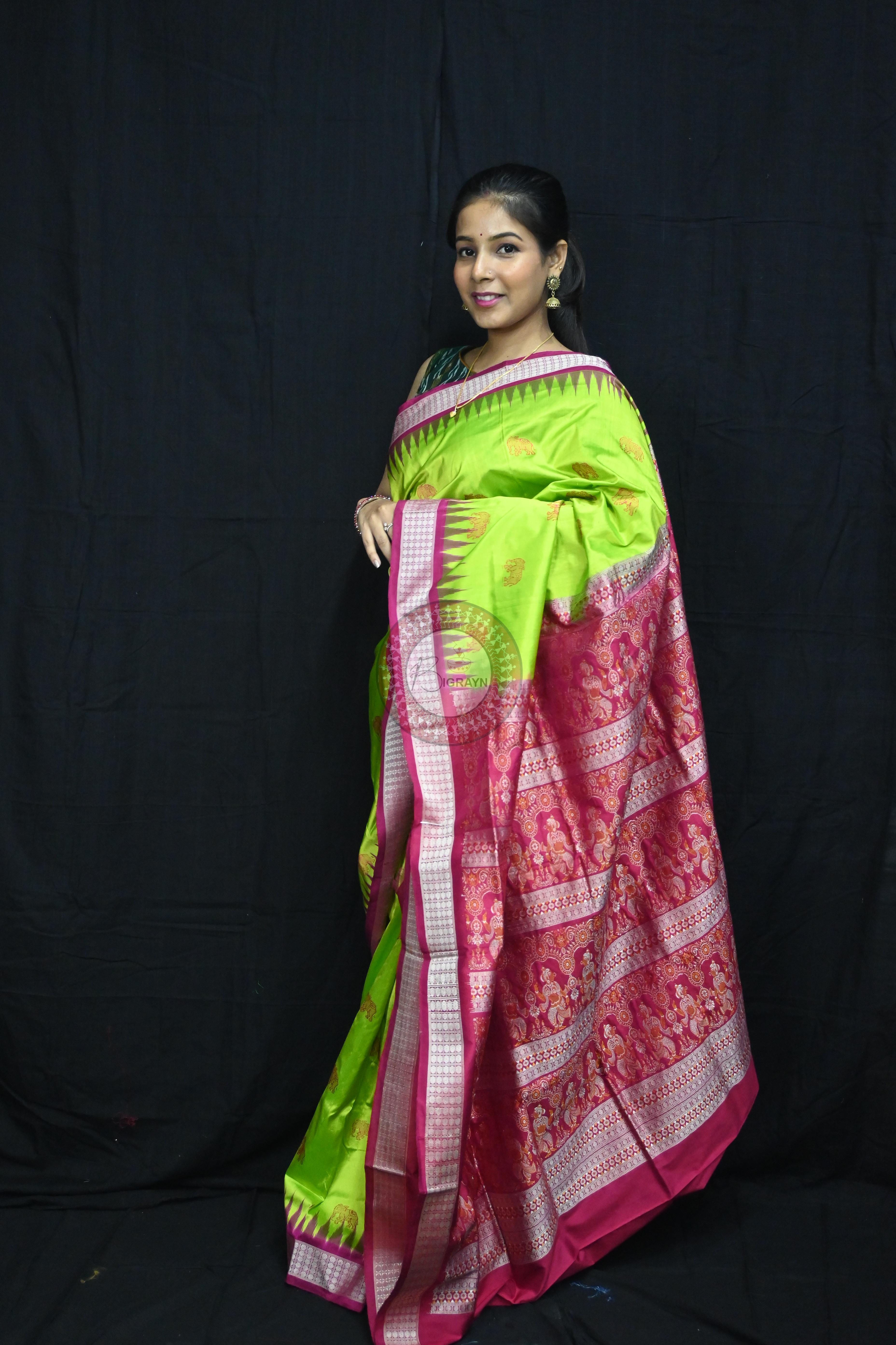 Neon Magenta Elephant Bomkai Silk Saree