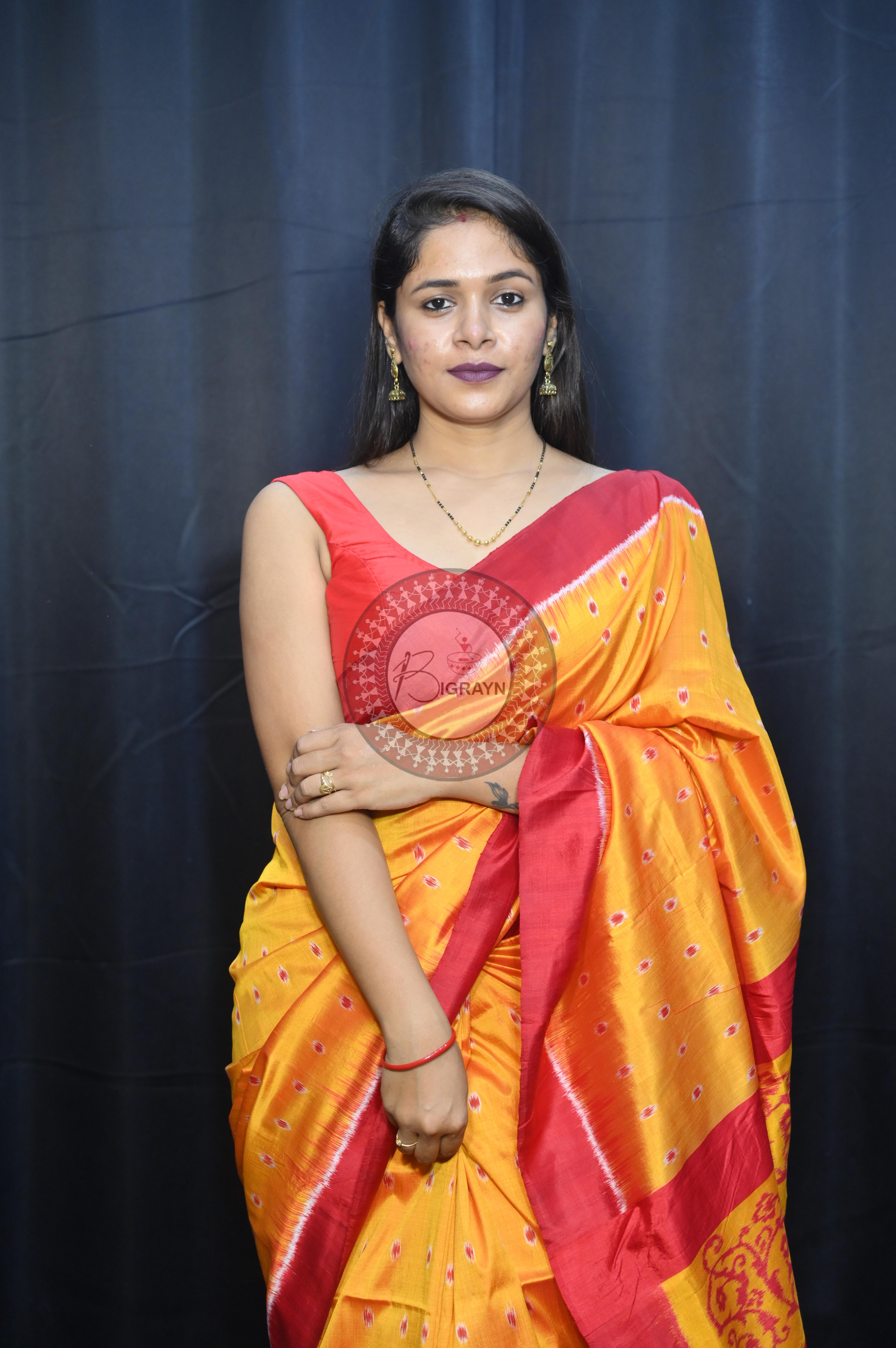 Yellow Maroon Dots Design Mulberry Silk Saree