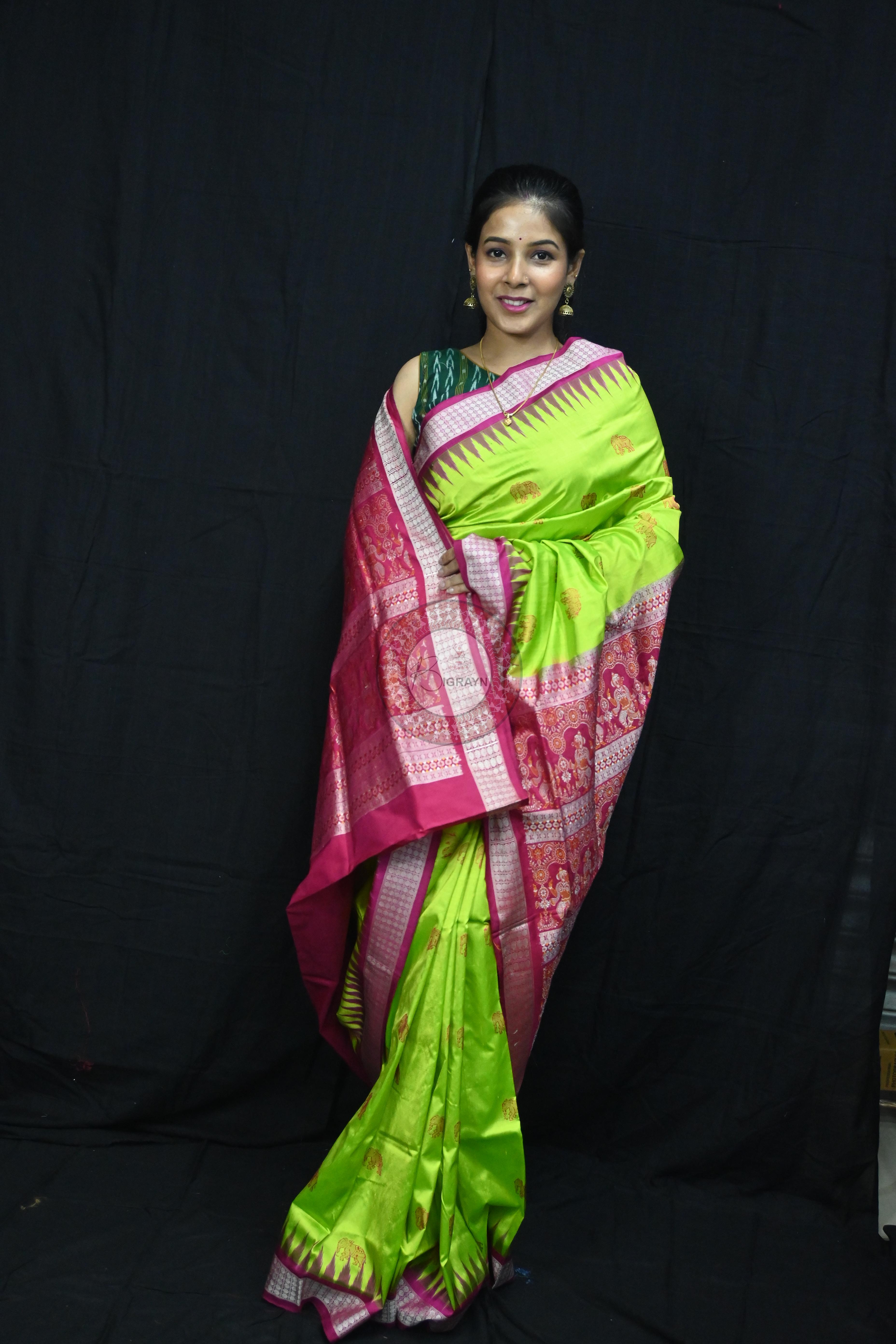 Neon Magenta Elephant Bomkai Silk Saree