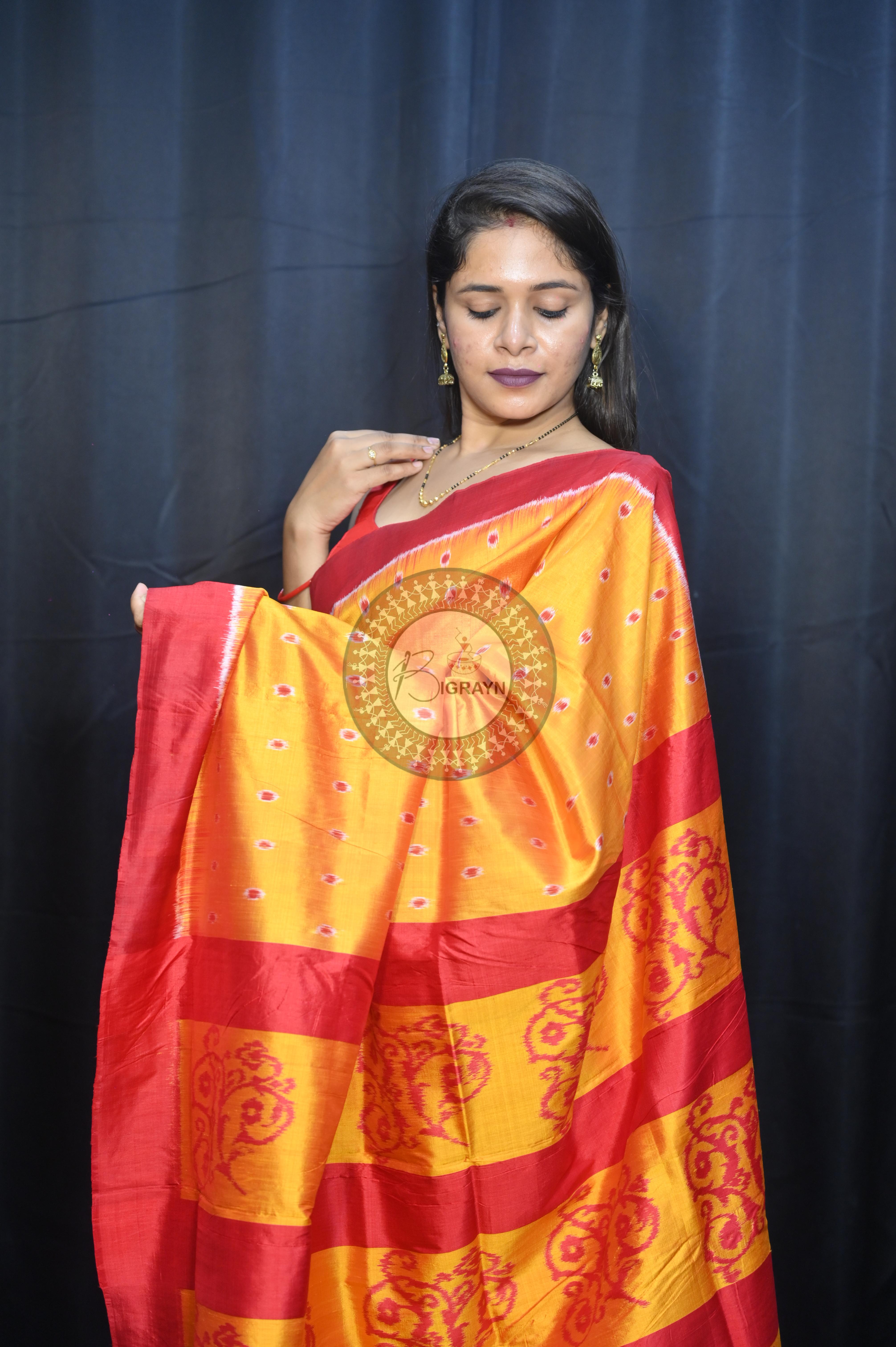 Yellow Maroon Dots Design Mulberry Silk Saree