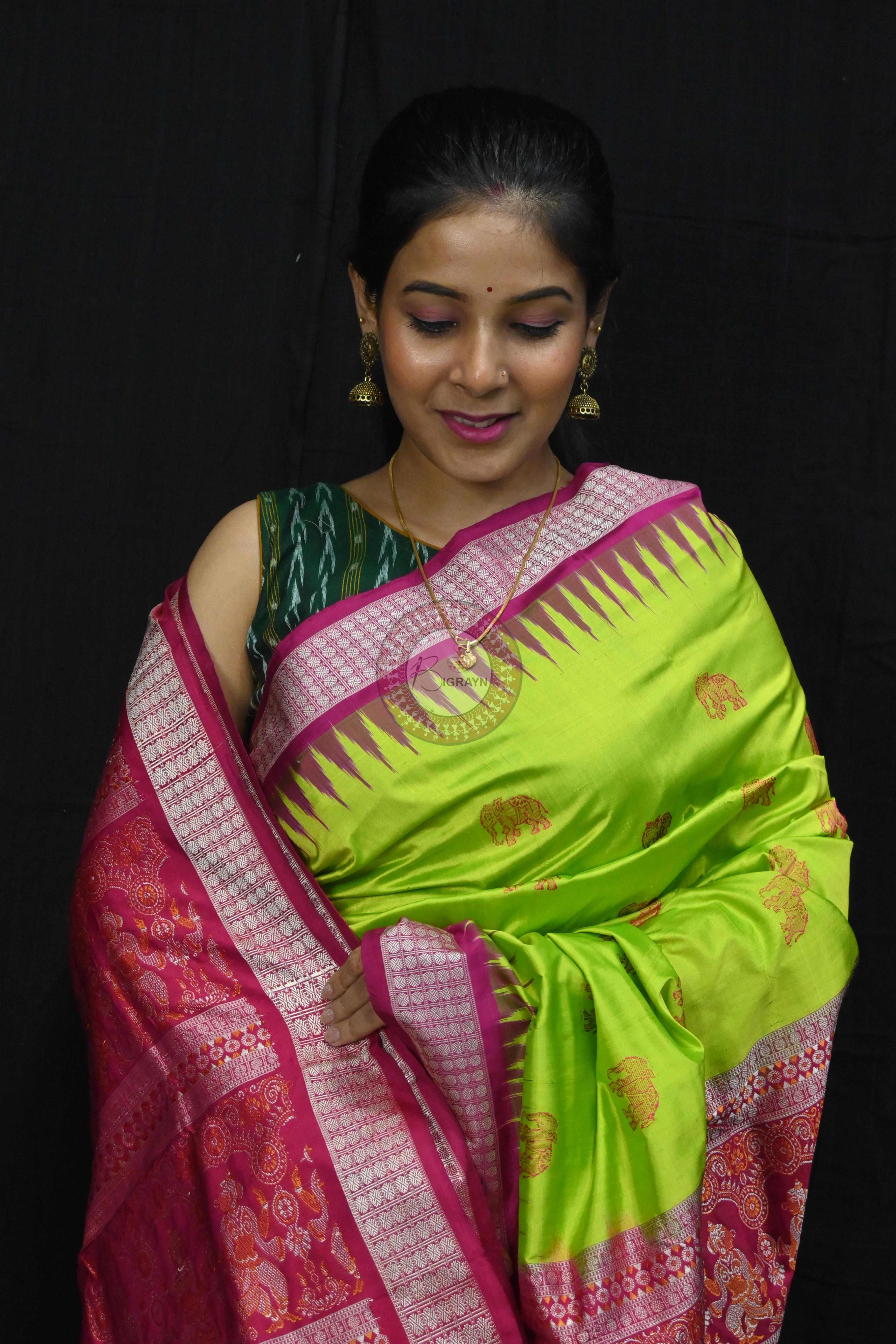Neon Magenta Elephant Bomkai Silk Saree