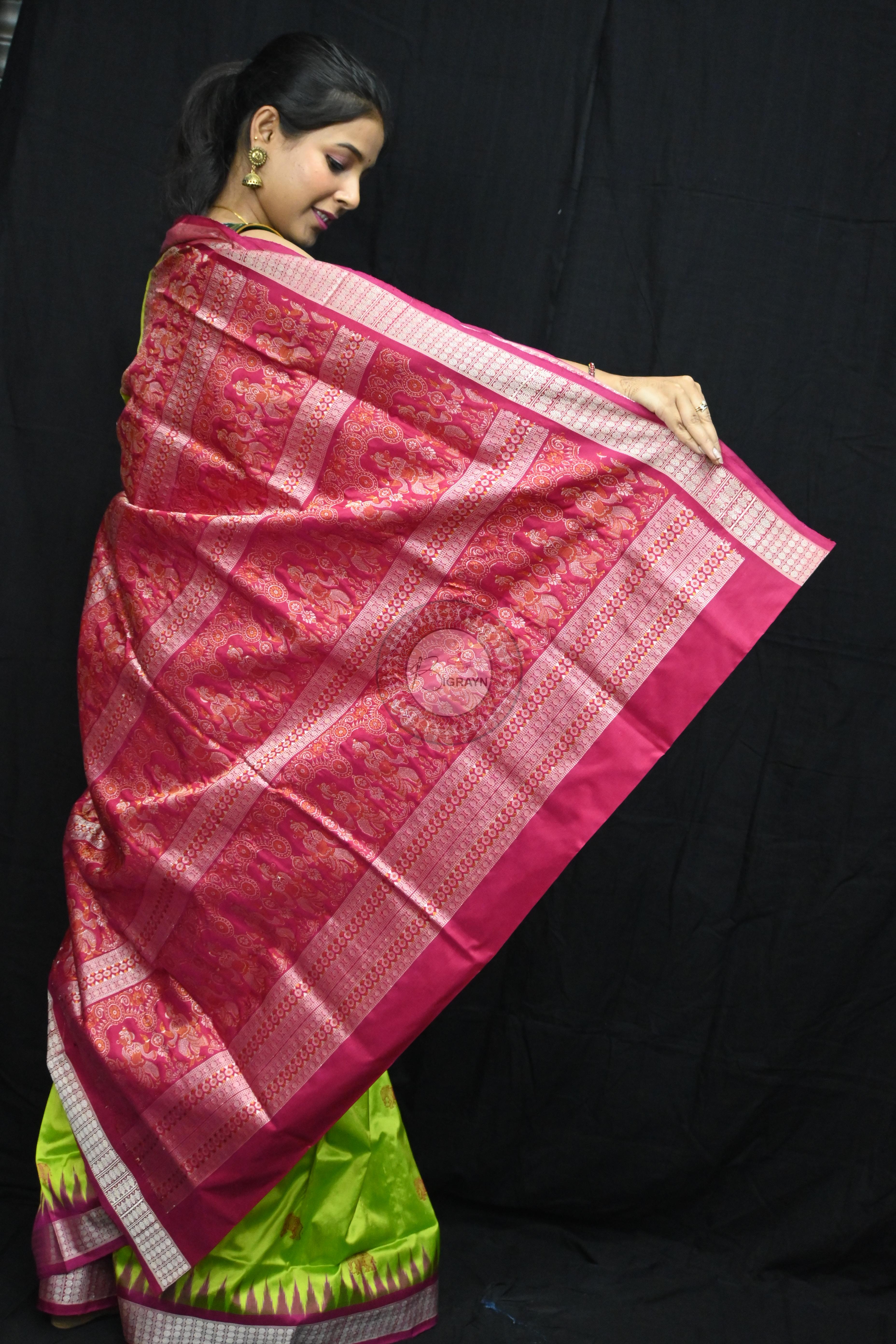 Neon Magenta Elephant Bomkai Silk Saree