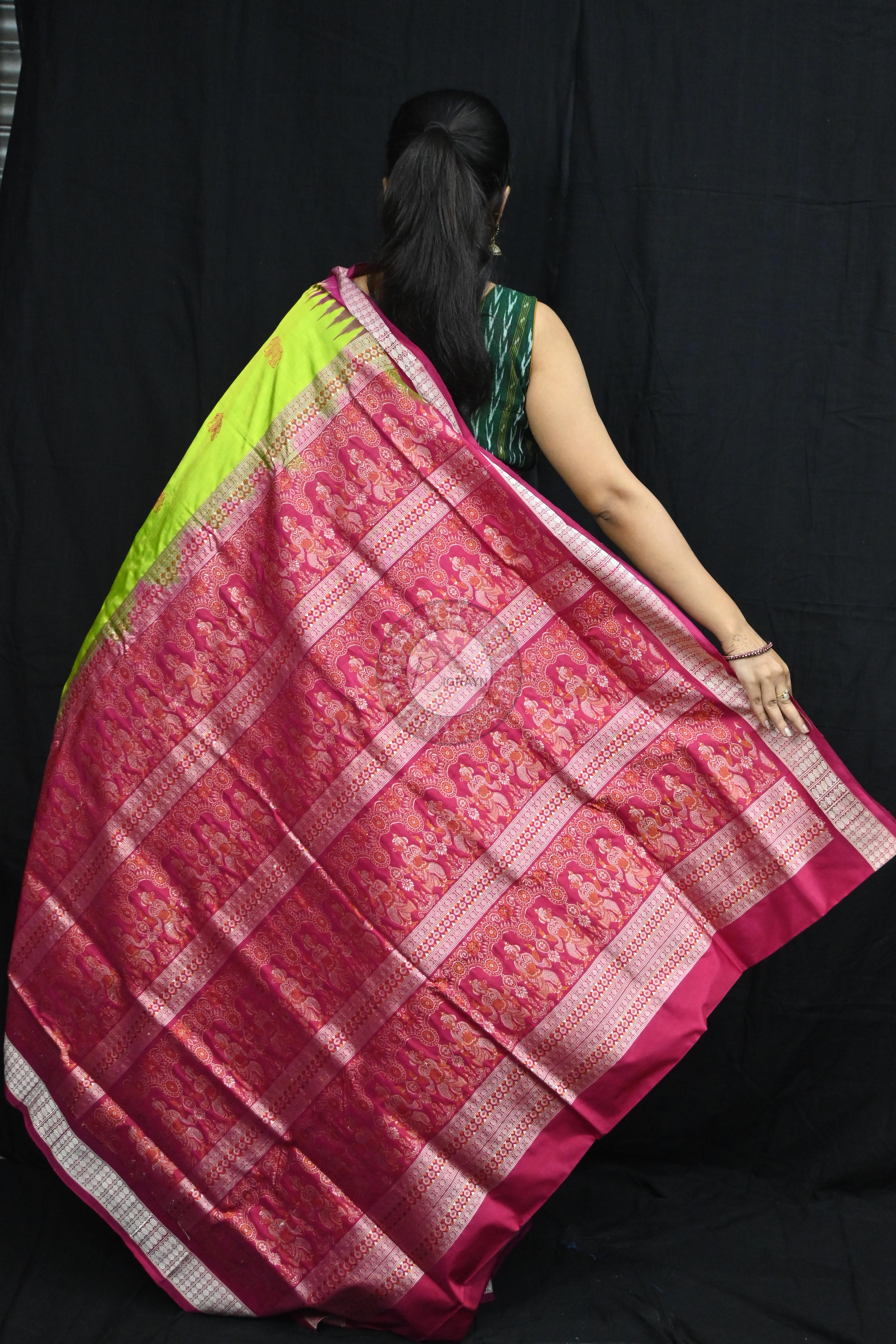 Neon Magenta Elephant Bomkai Silk Saree