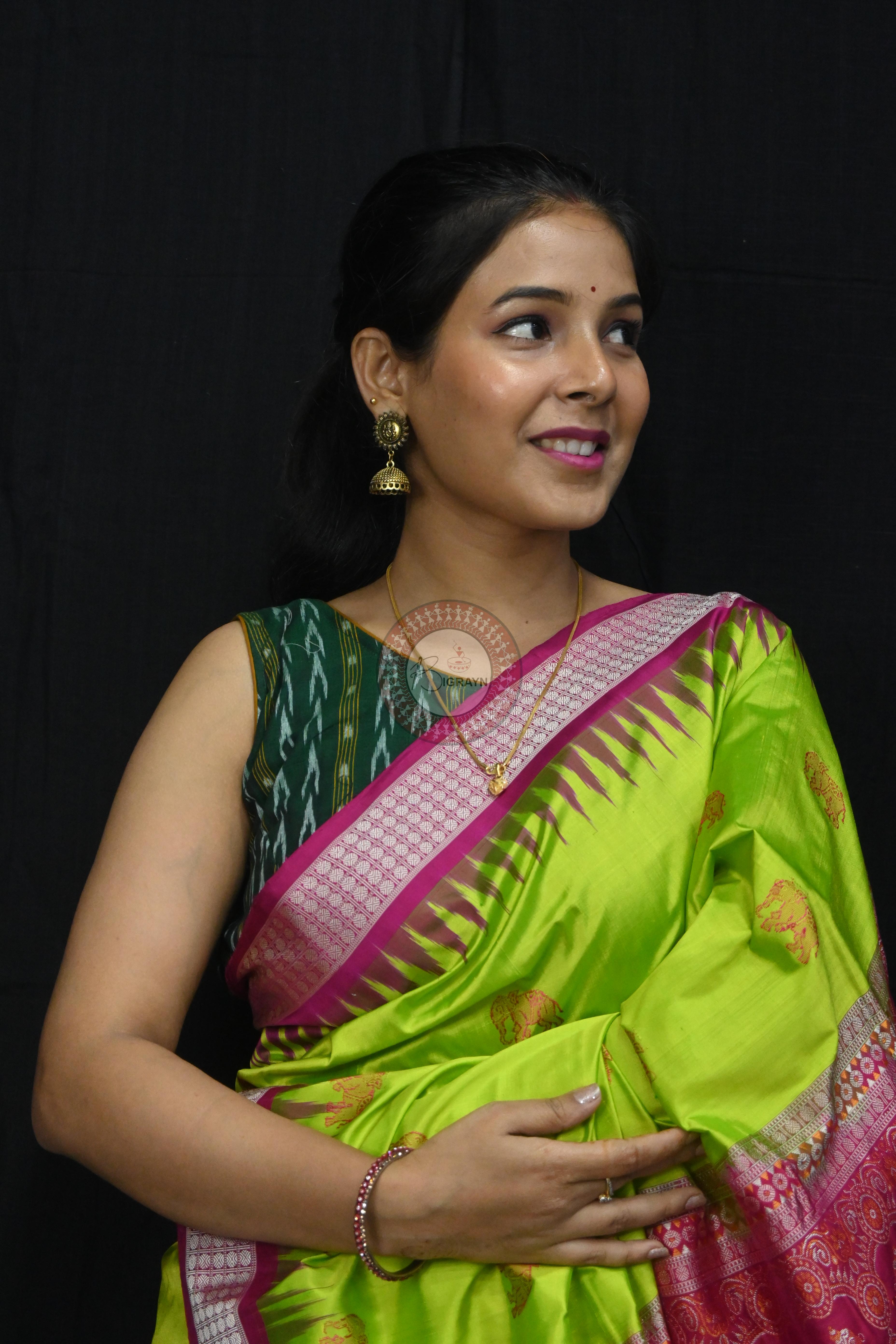 Neon Magenta Elephant Bomkai Silk Saree