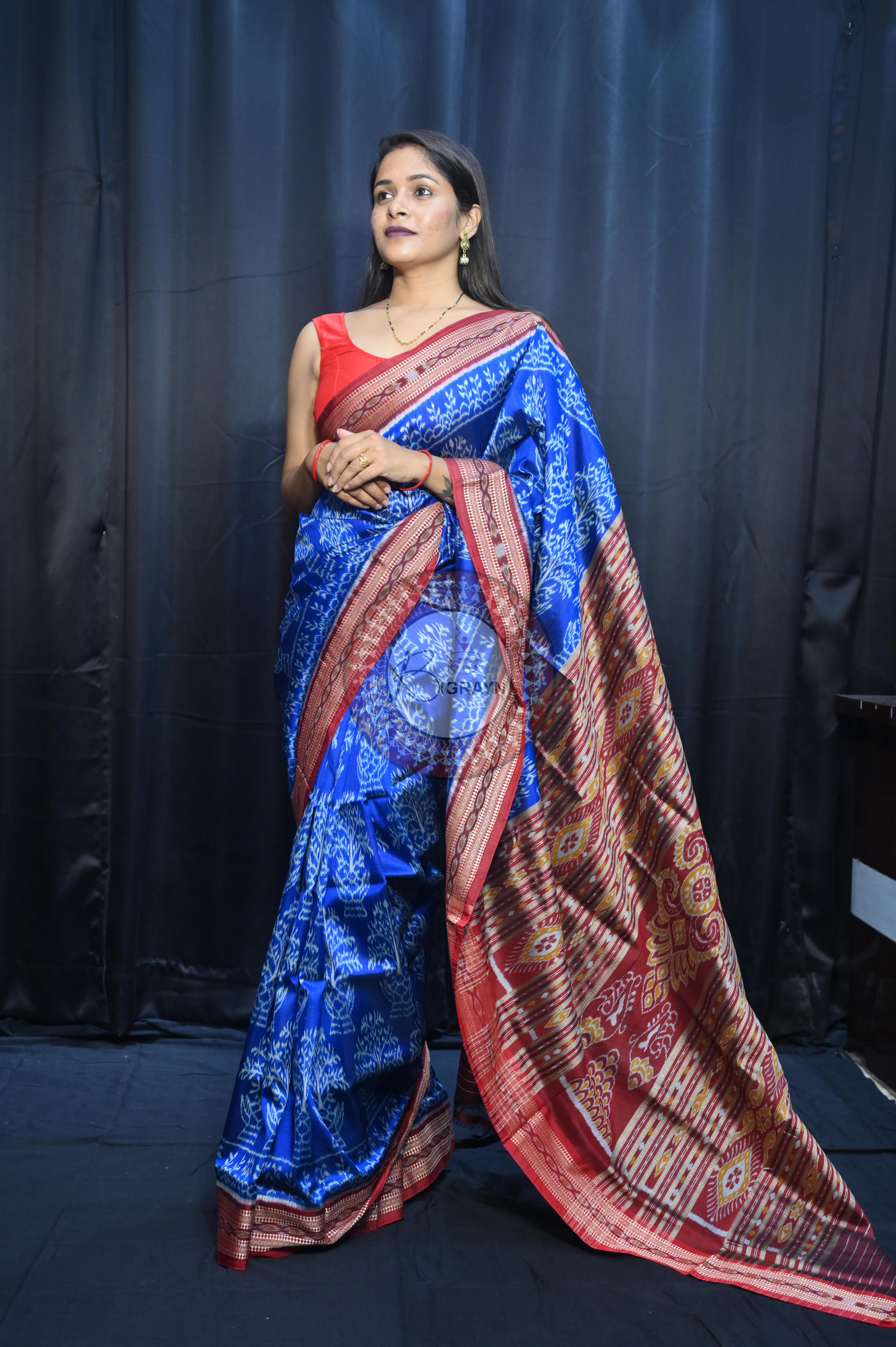 Blue Maroon Tulshi Tree Design Khandua Silk Saree