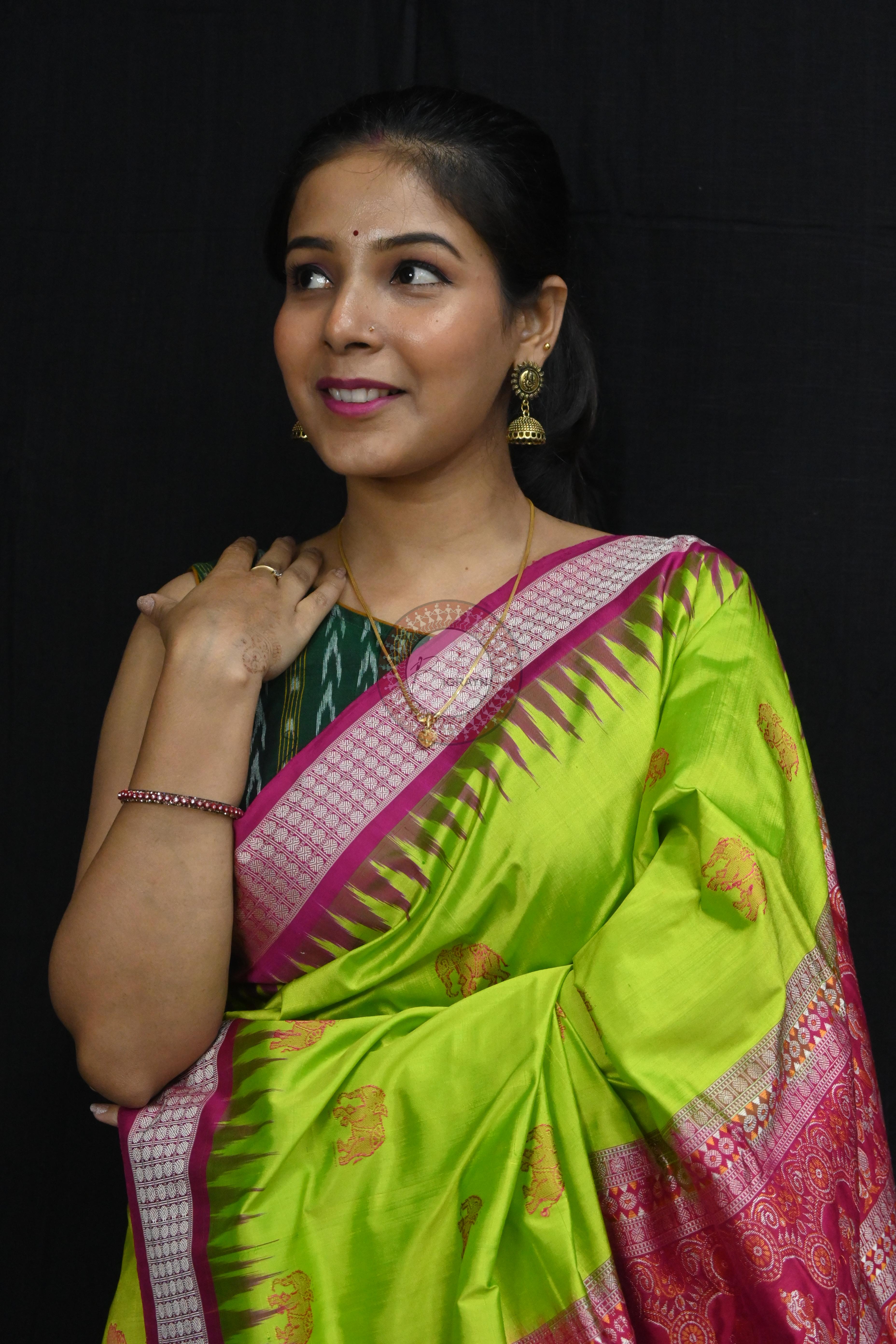 Neon Magenta Elephant Bomkai Silk Saree