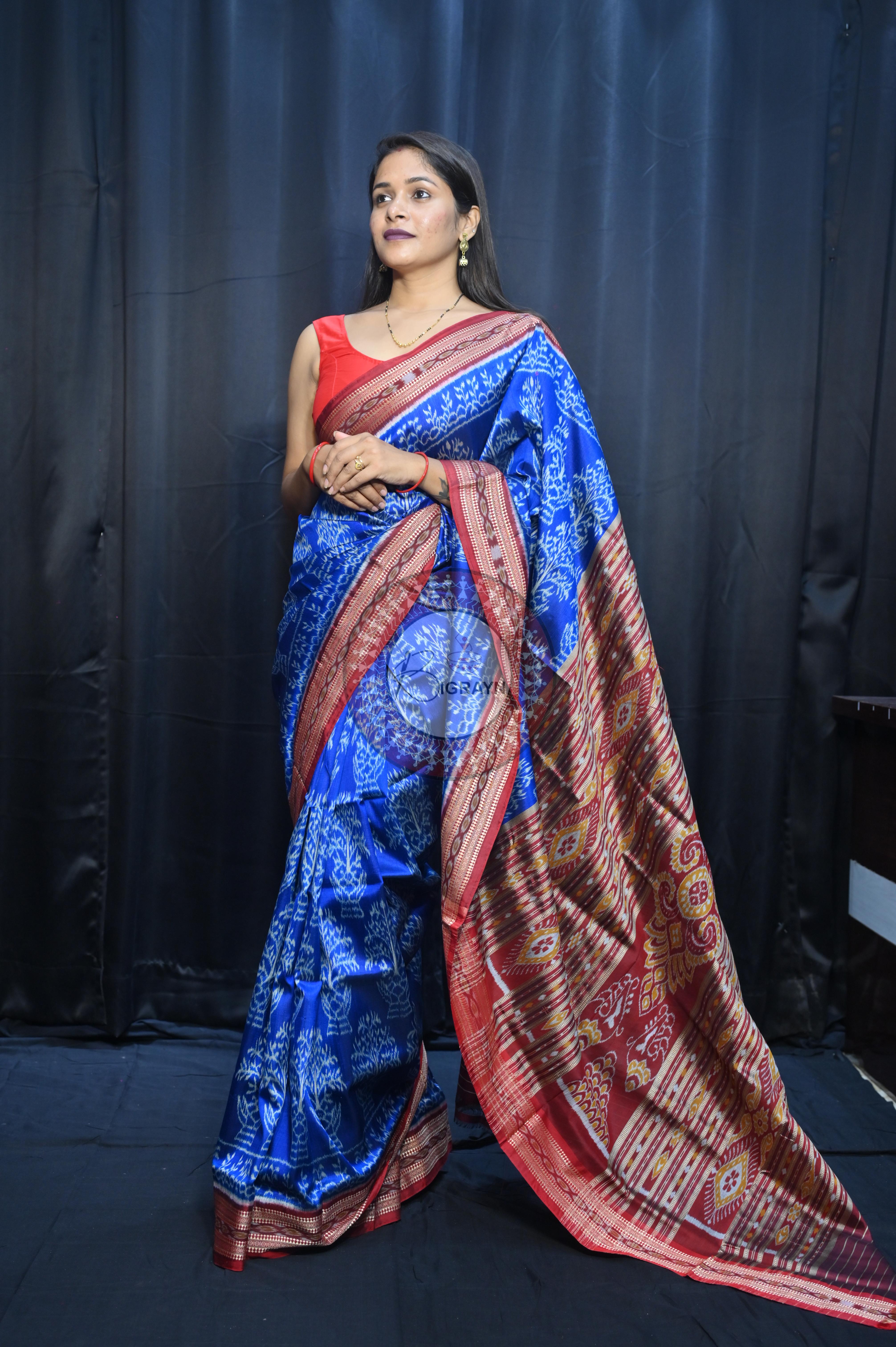 Blue Maroon Tulshi Tree Design Khandua Silk Saree