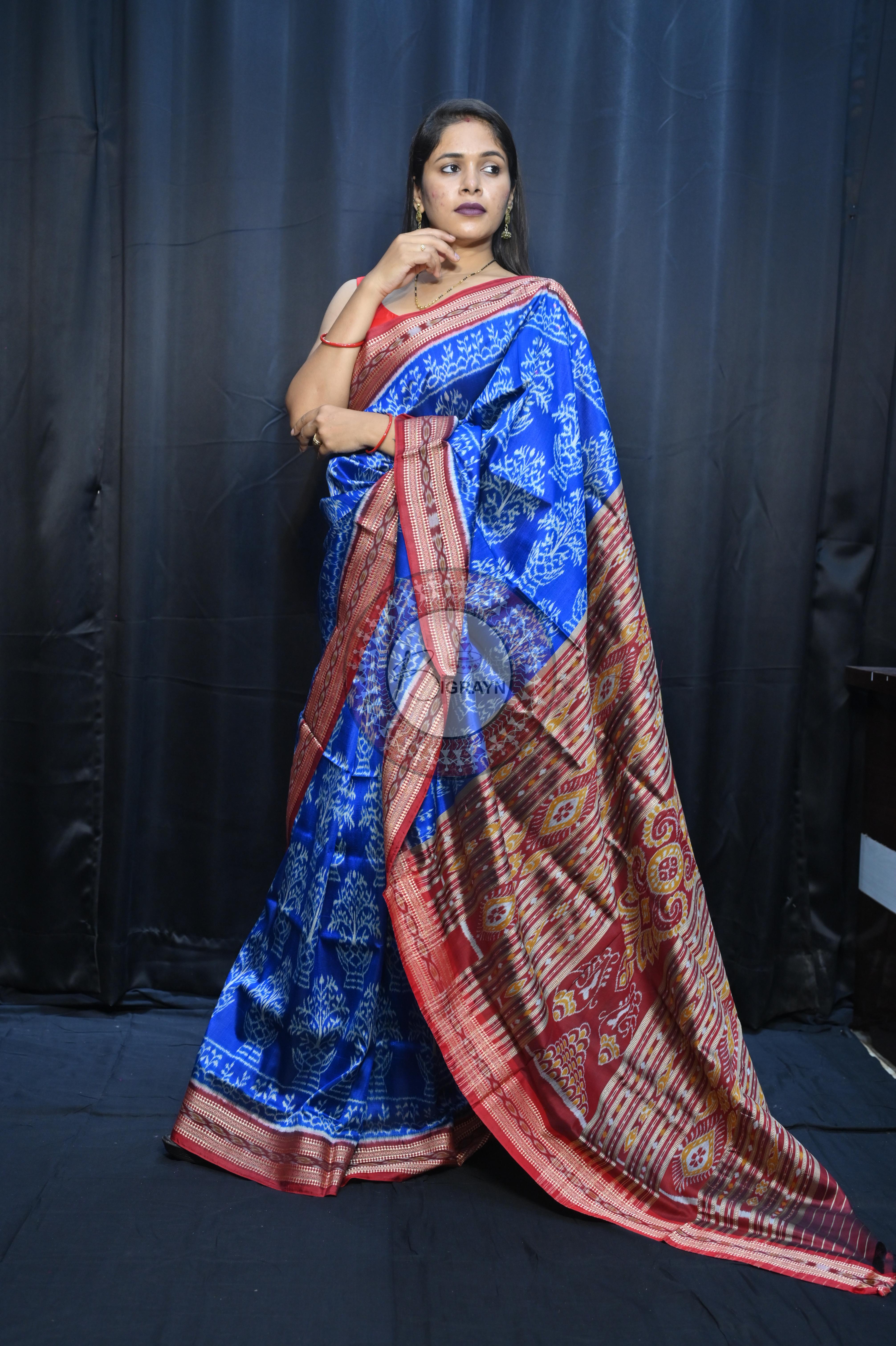 Blue Maroon Tulshi Tree Design Khandua Silk Saree