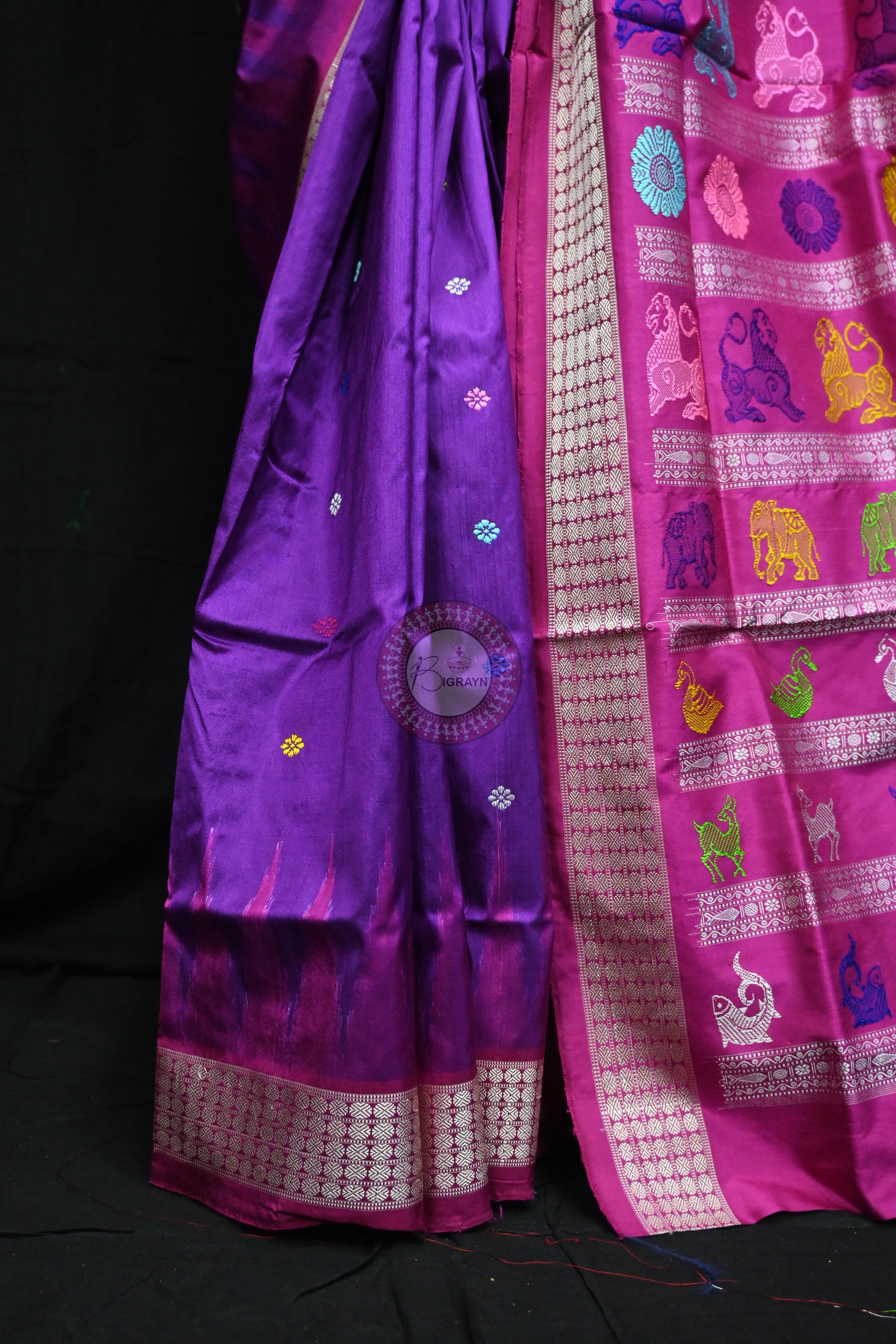 Purple Magenta Animal Anchal Bomkai Silk Saree