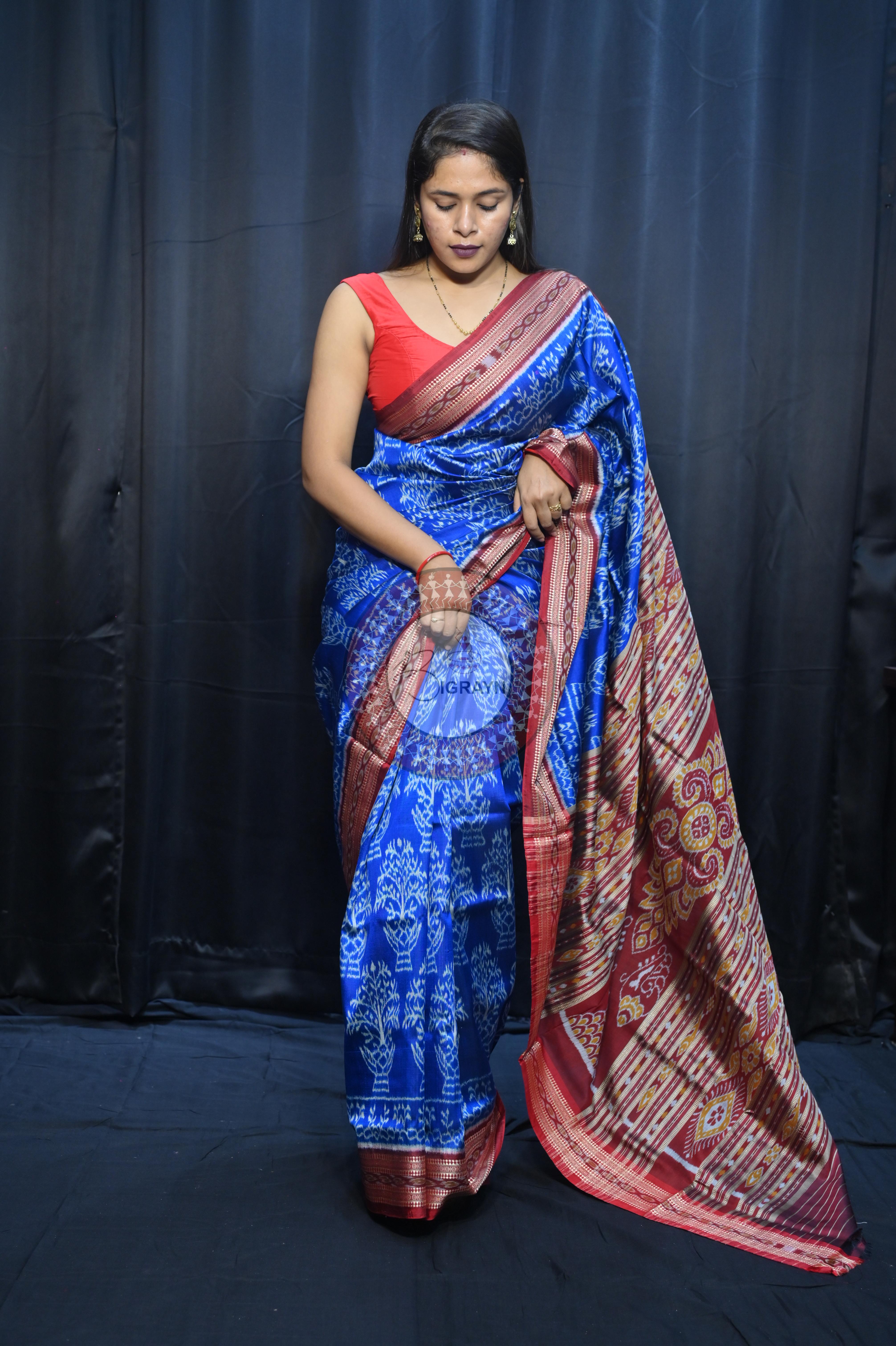 Blue Maroon Tulshi Tree Design Khandua Silk Saree