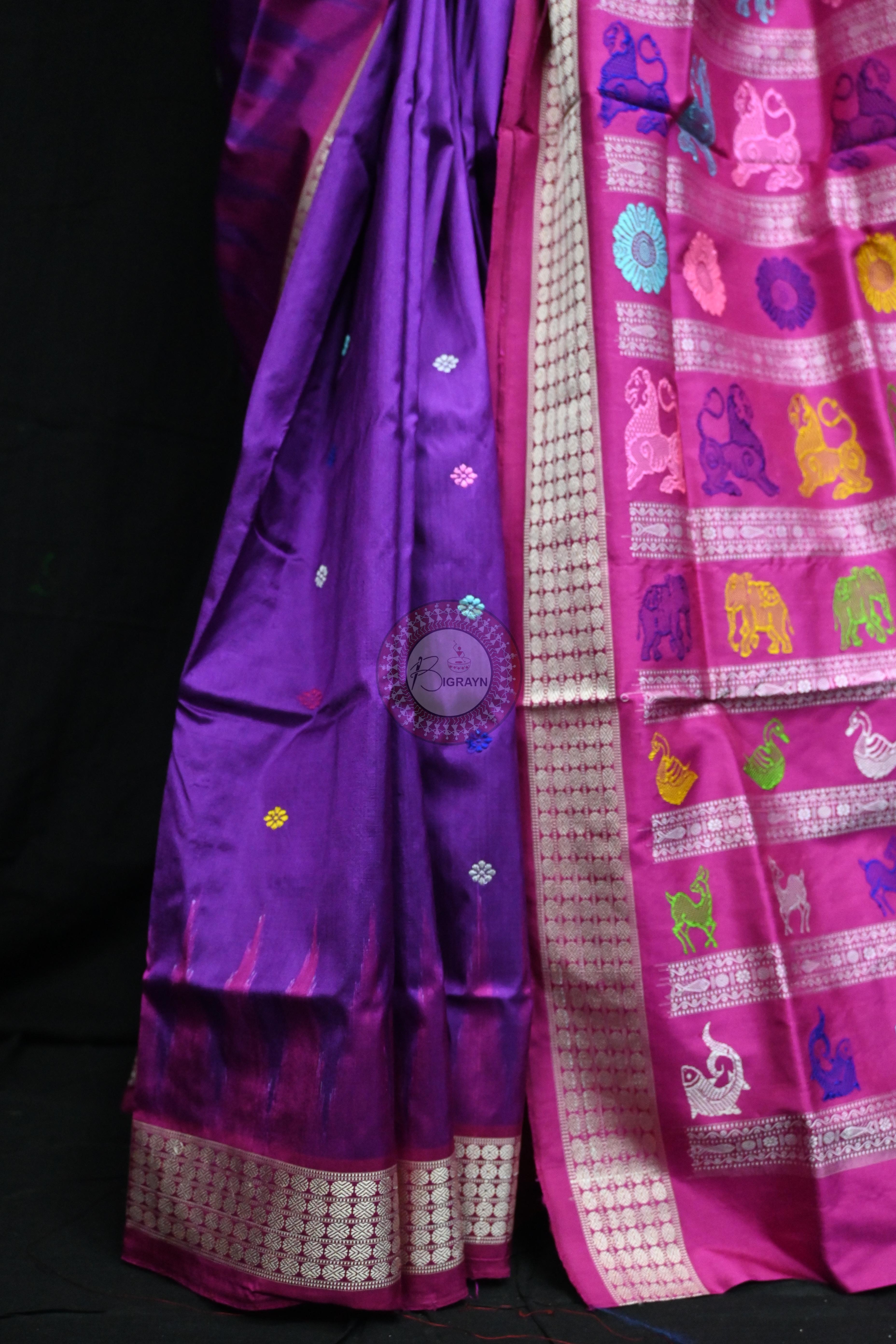 Purple Magenta Animal Anchal Bomkai Silk Saree