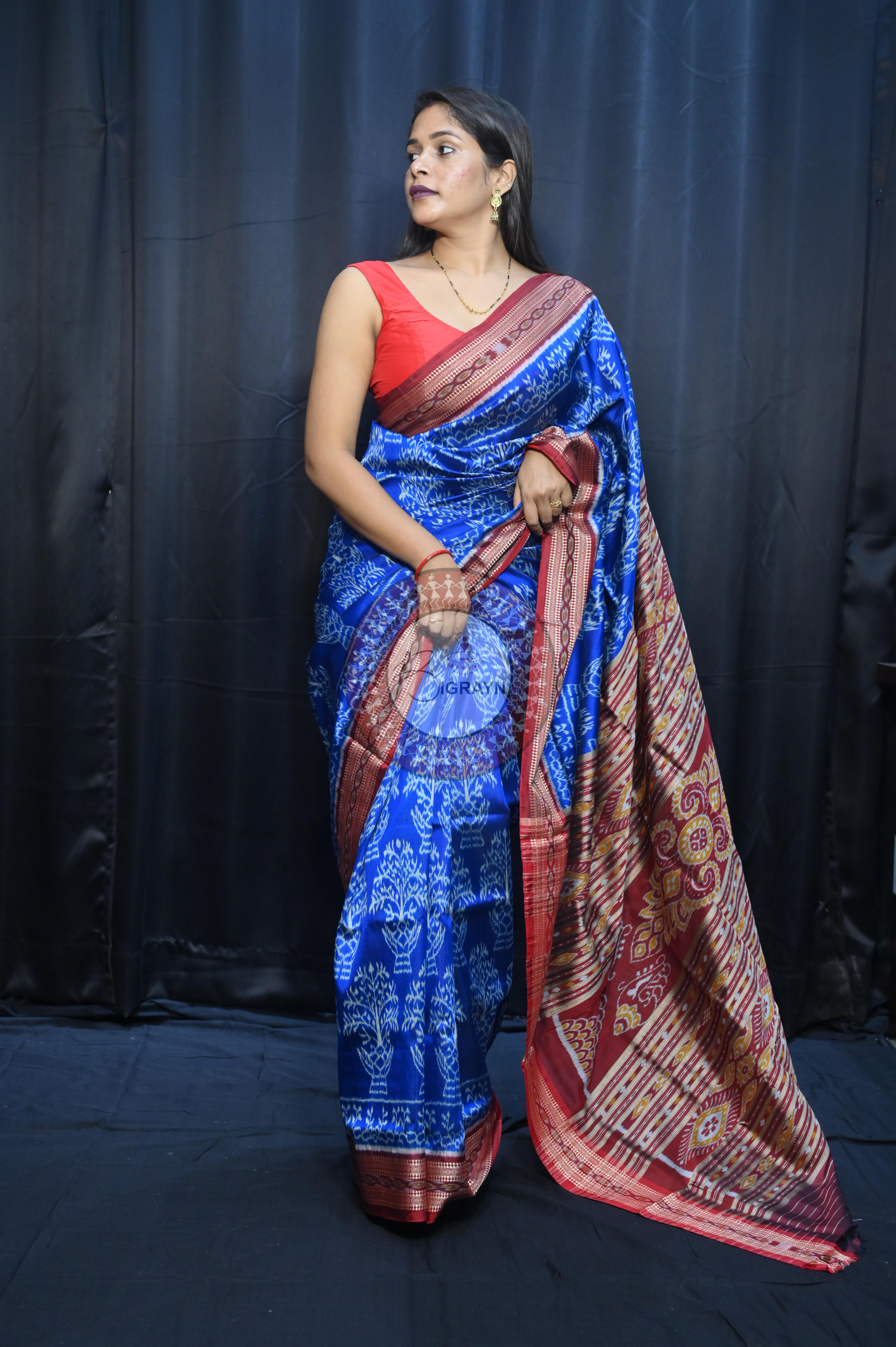 Blue Maroon Tulshi Tree Design Khandua Silk Saree