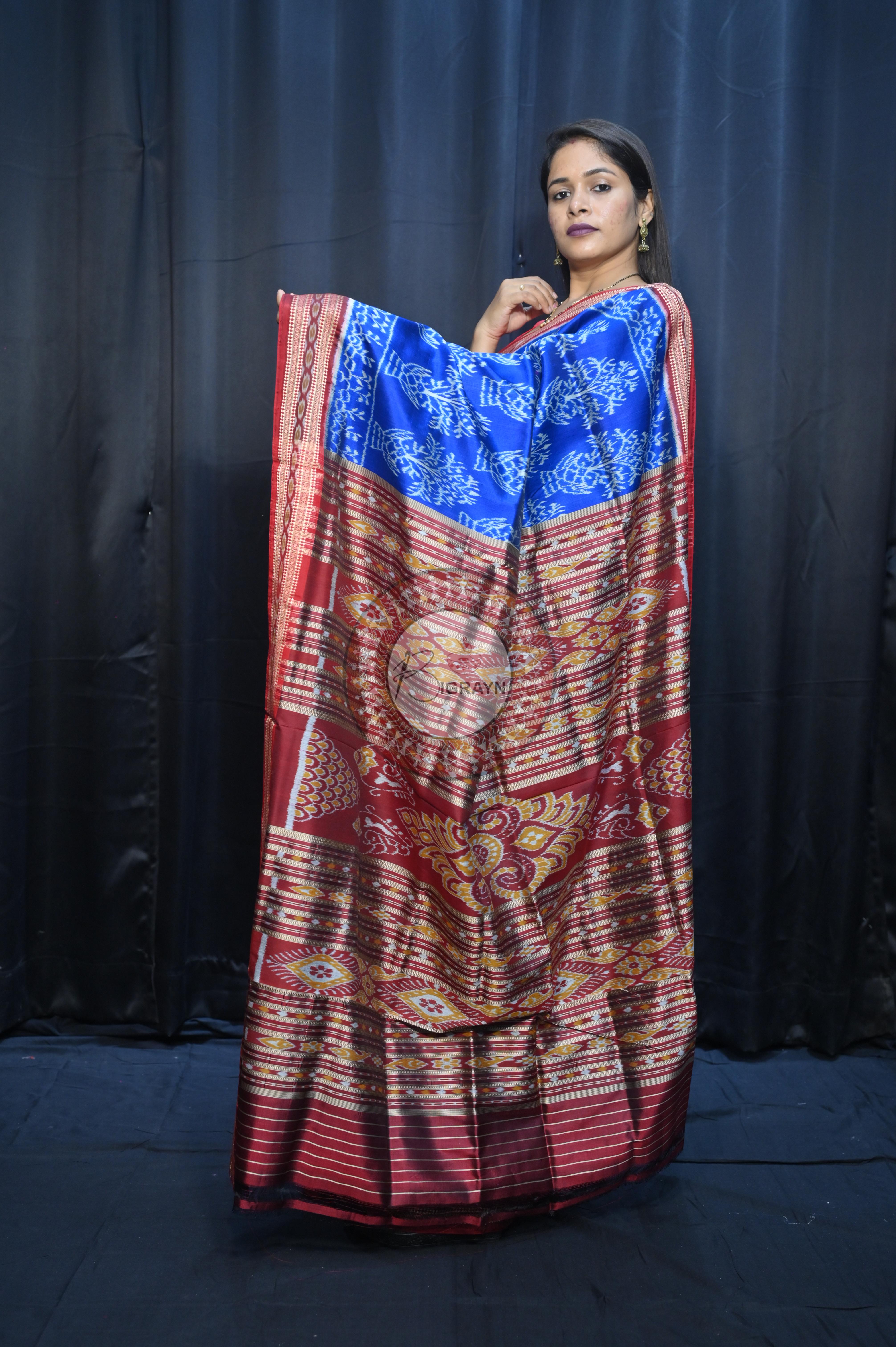 Blue Maroon Tulshi Tree Design Khandua Silk Saree