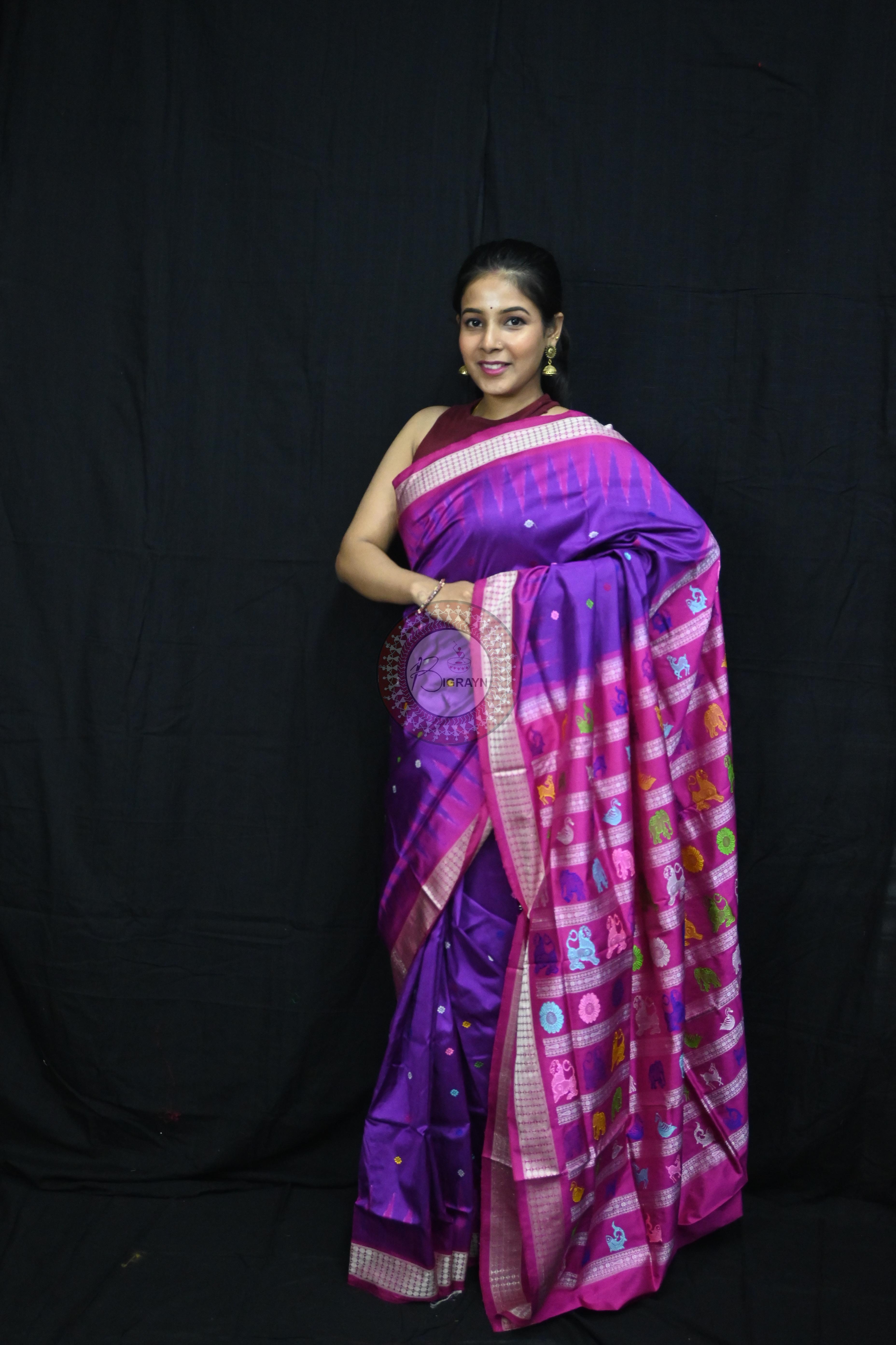 Purple Magenta Animal Anchal Bomkai Silk Saree