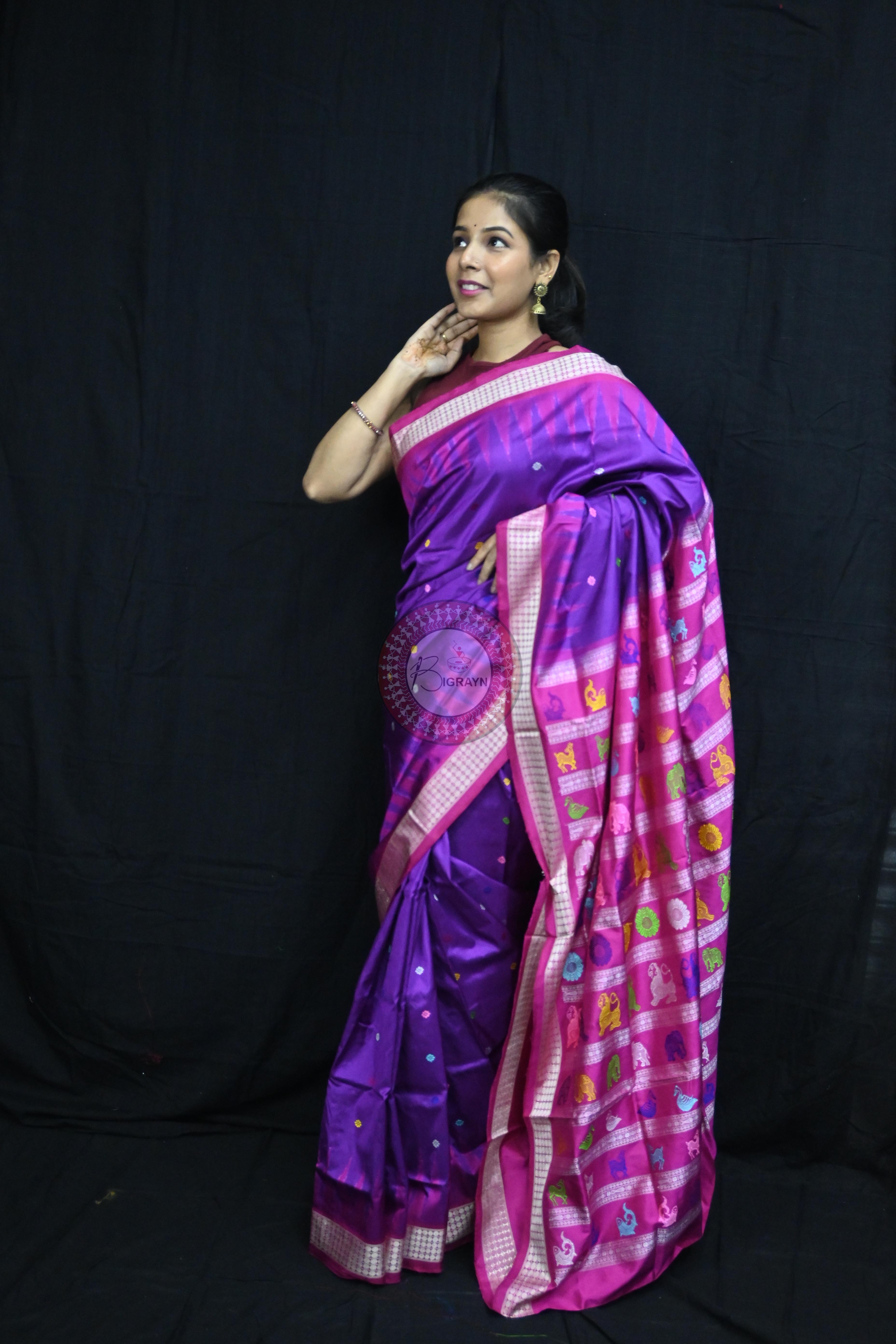 Purple Magenta Animal Anchal Bomkai Silk Saree