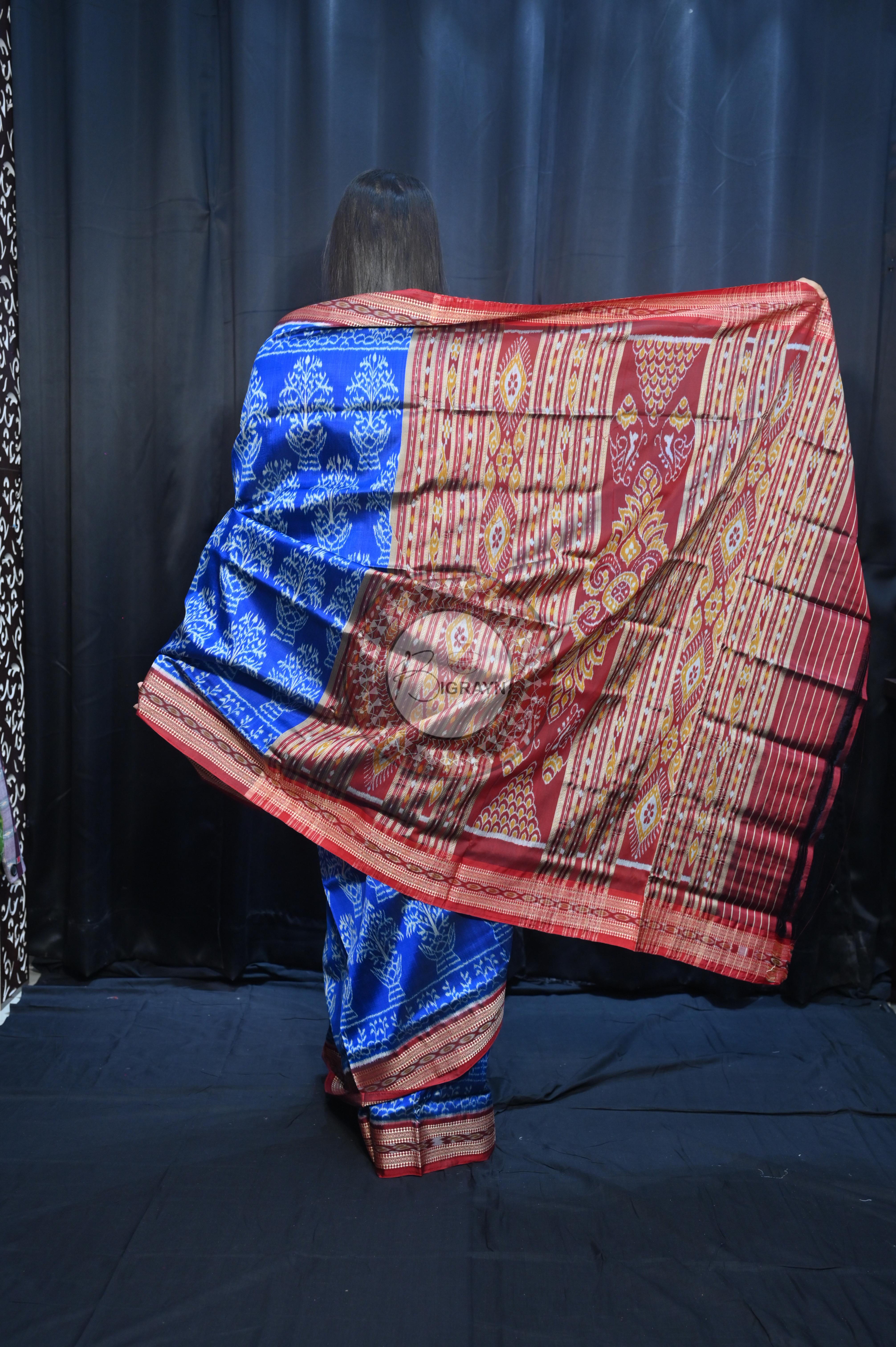Blue Maroon Tulshi Tree Design Khandua Silk Saree