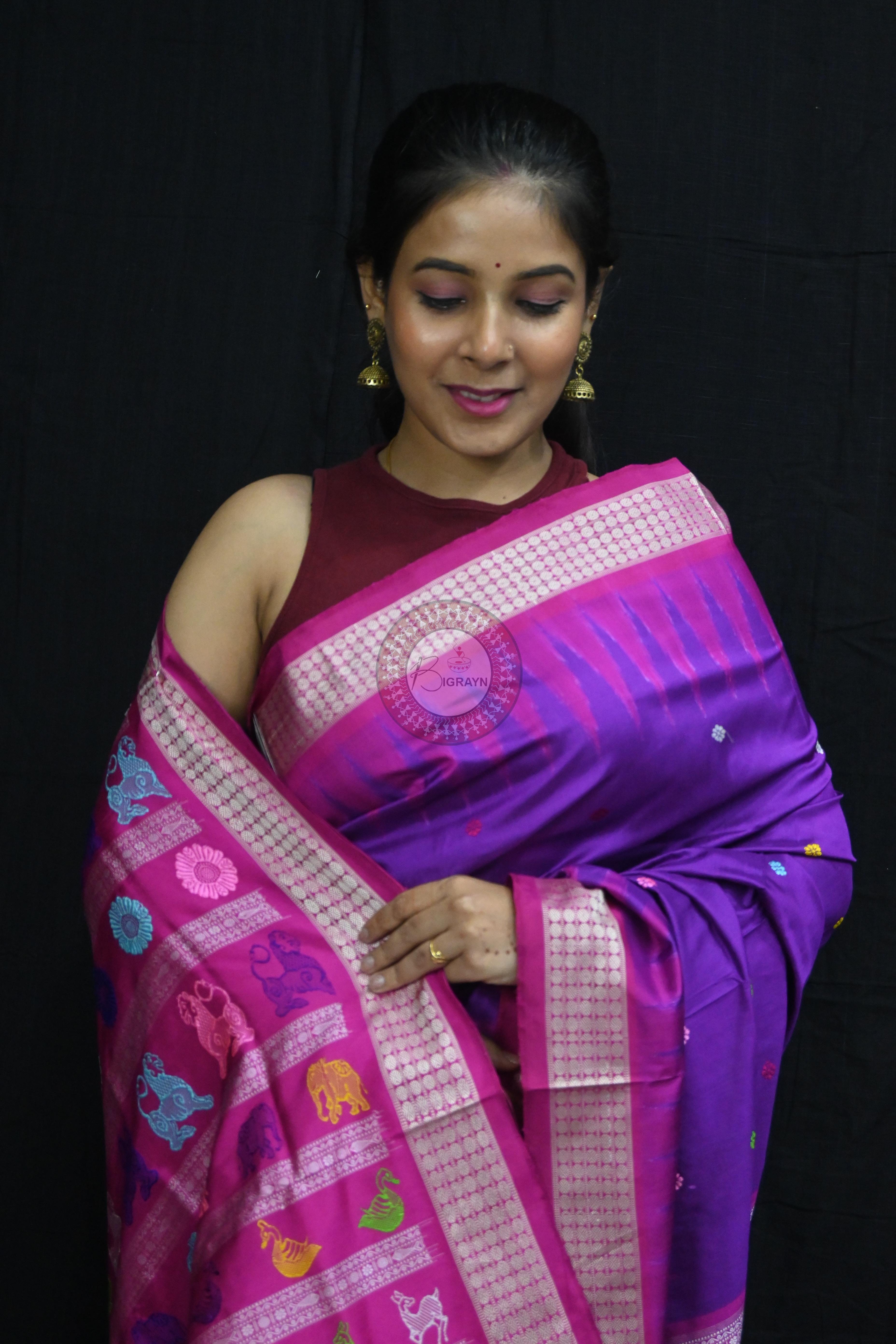 Purple Magenta Animal Anchal Bomkai Silk Saree