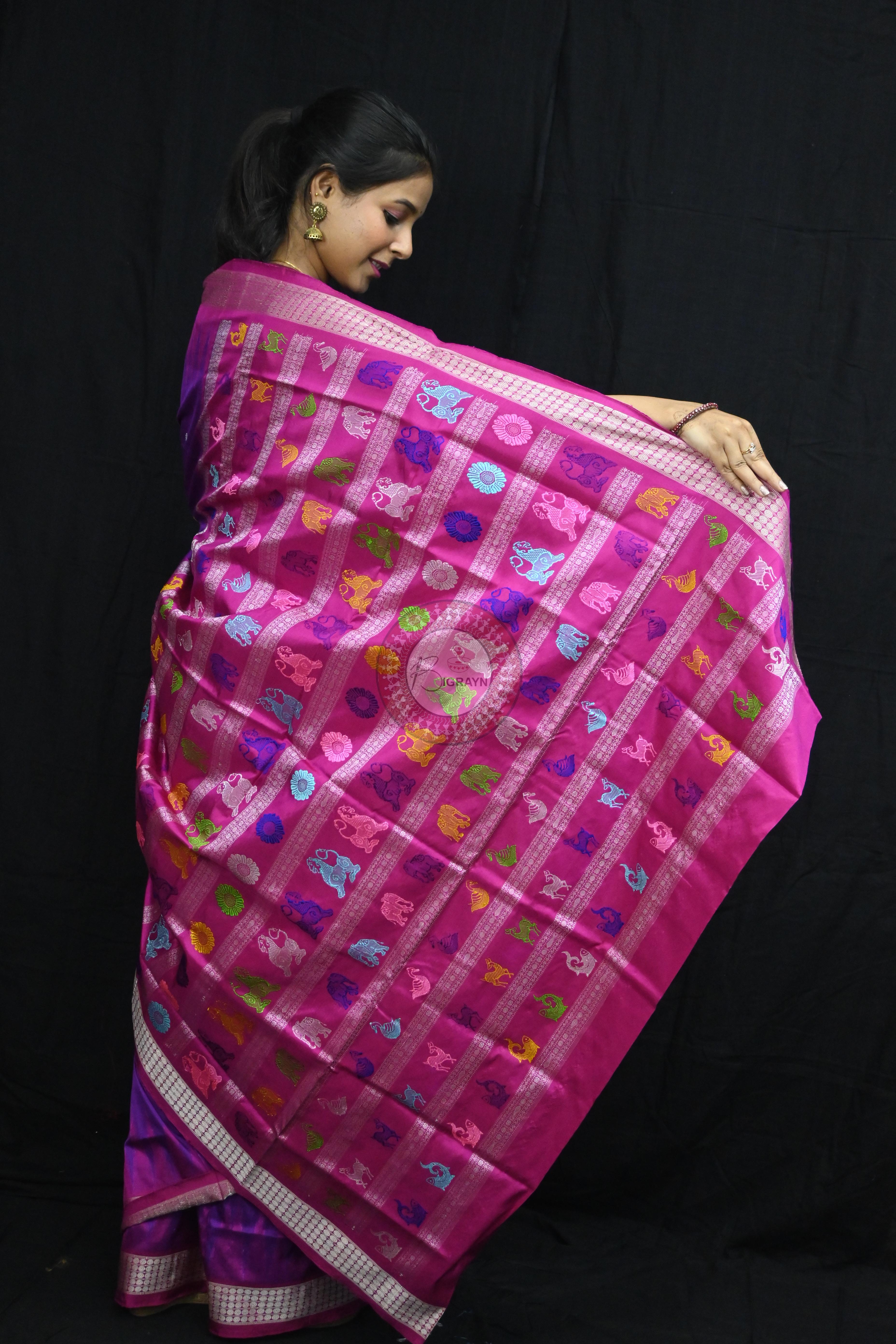 Purple Magenta Animal Anchal Bomkai Silk Saree