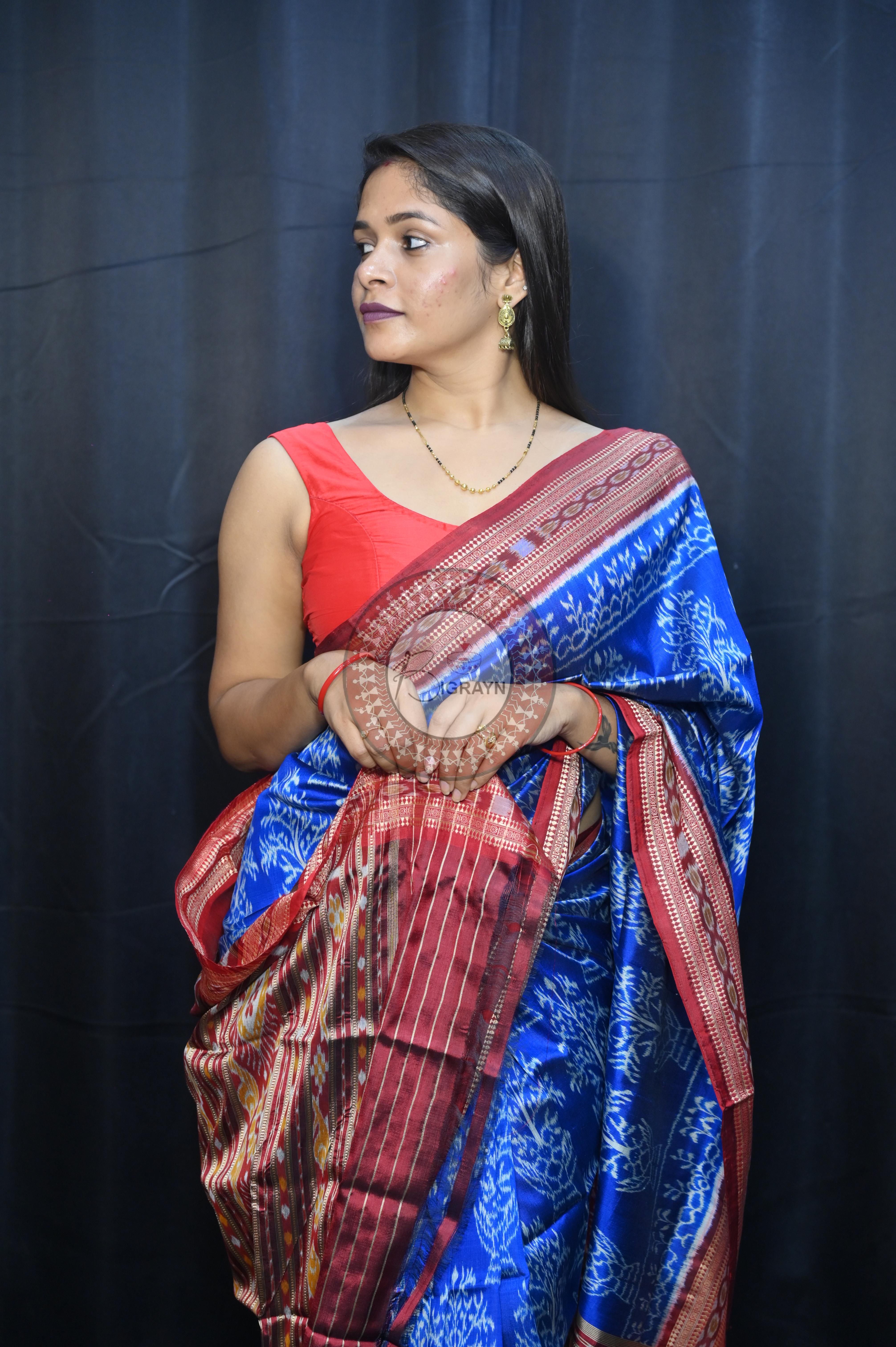 Blue Maroon Tulshi Tree Design Khandua Silk Saree
