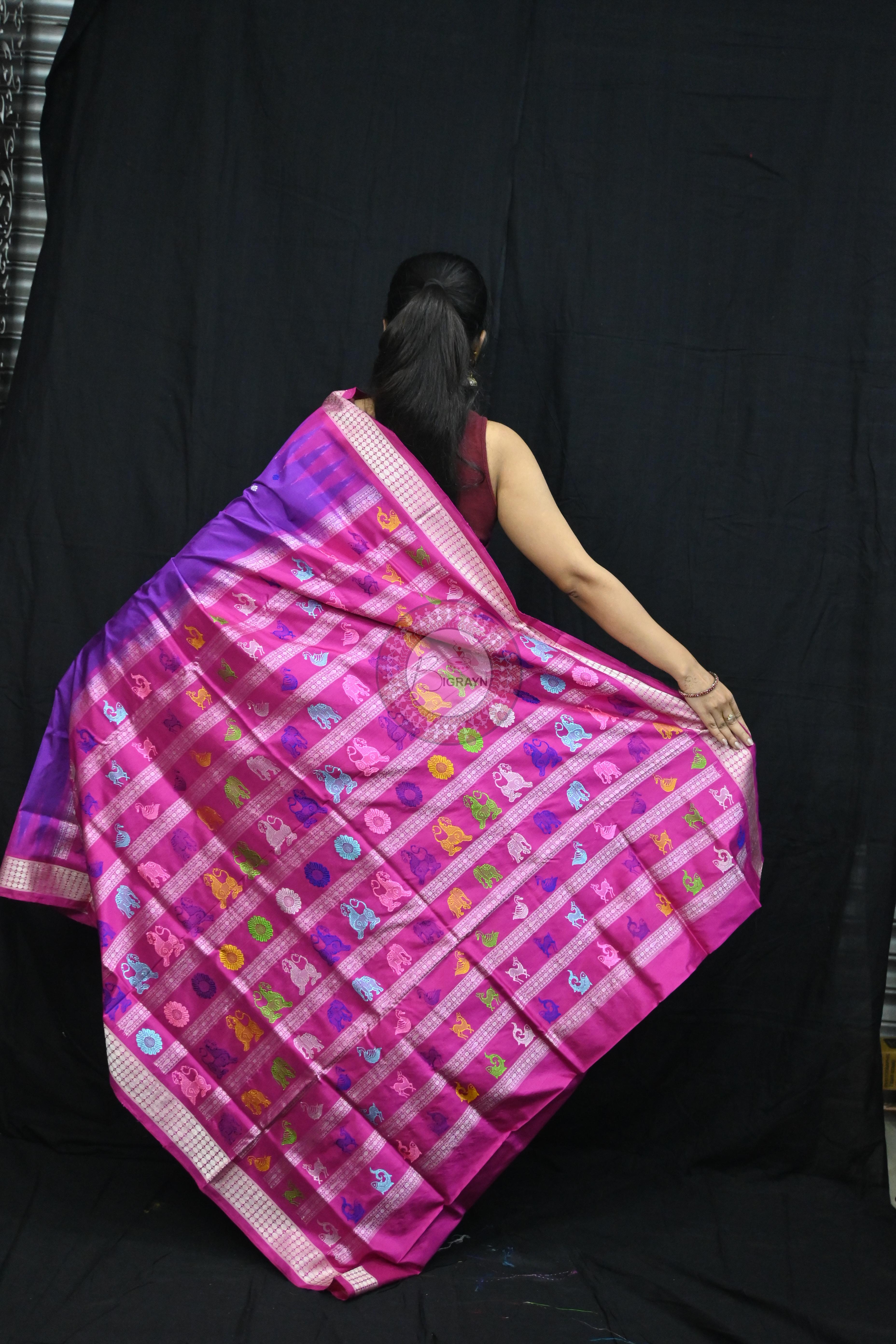 Purple Magenta Animal Anchal Bomkai Silk Saree