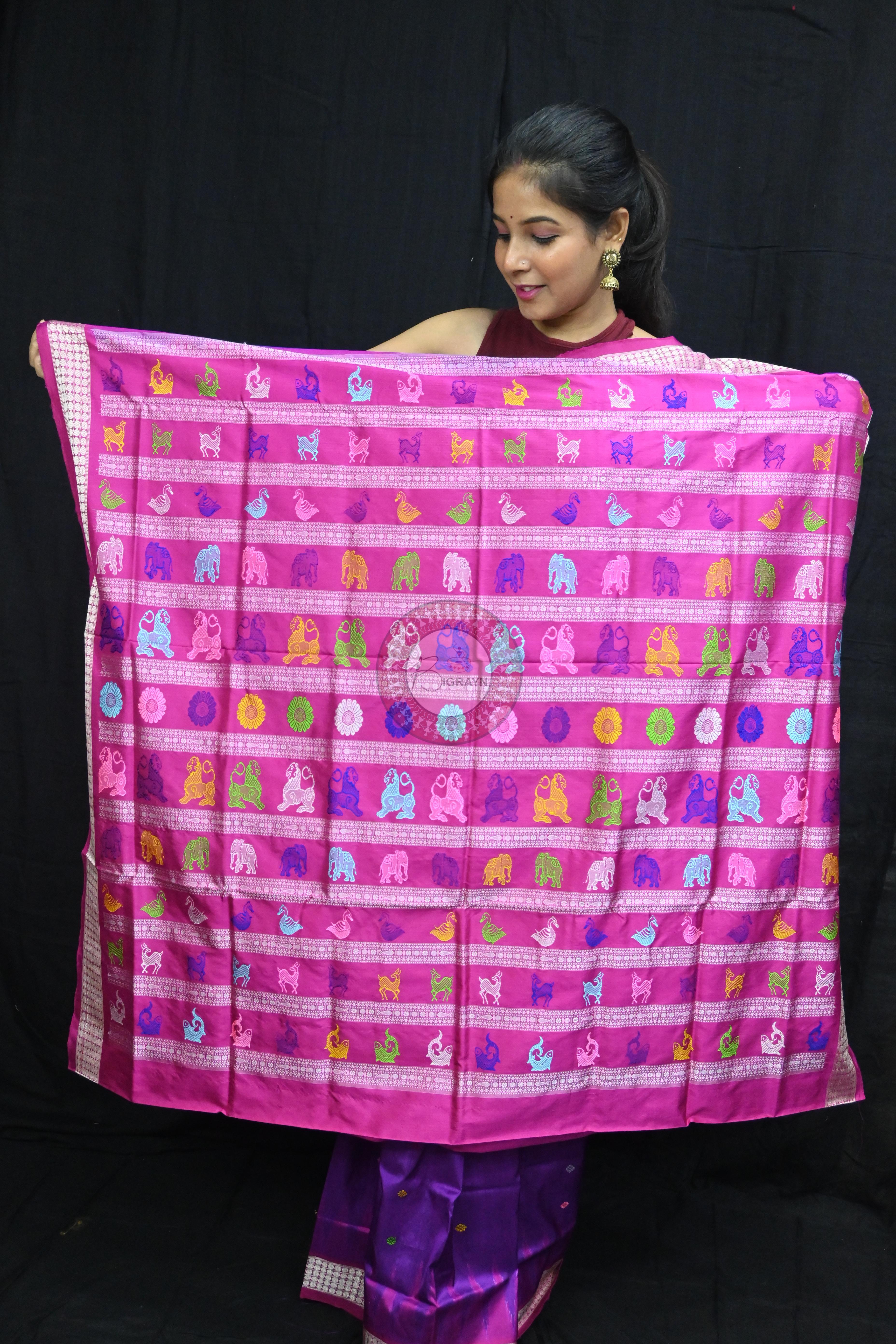 Purple Magenta Animal Anchal Bomkai Silk Saree