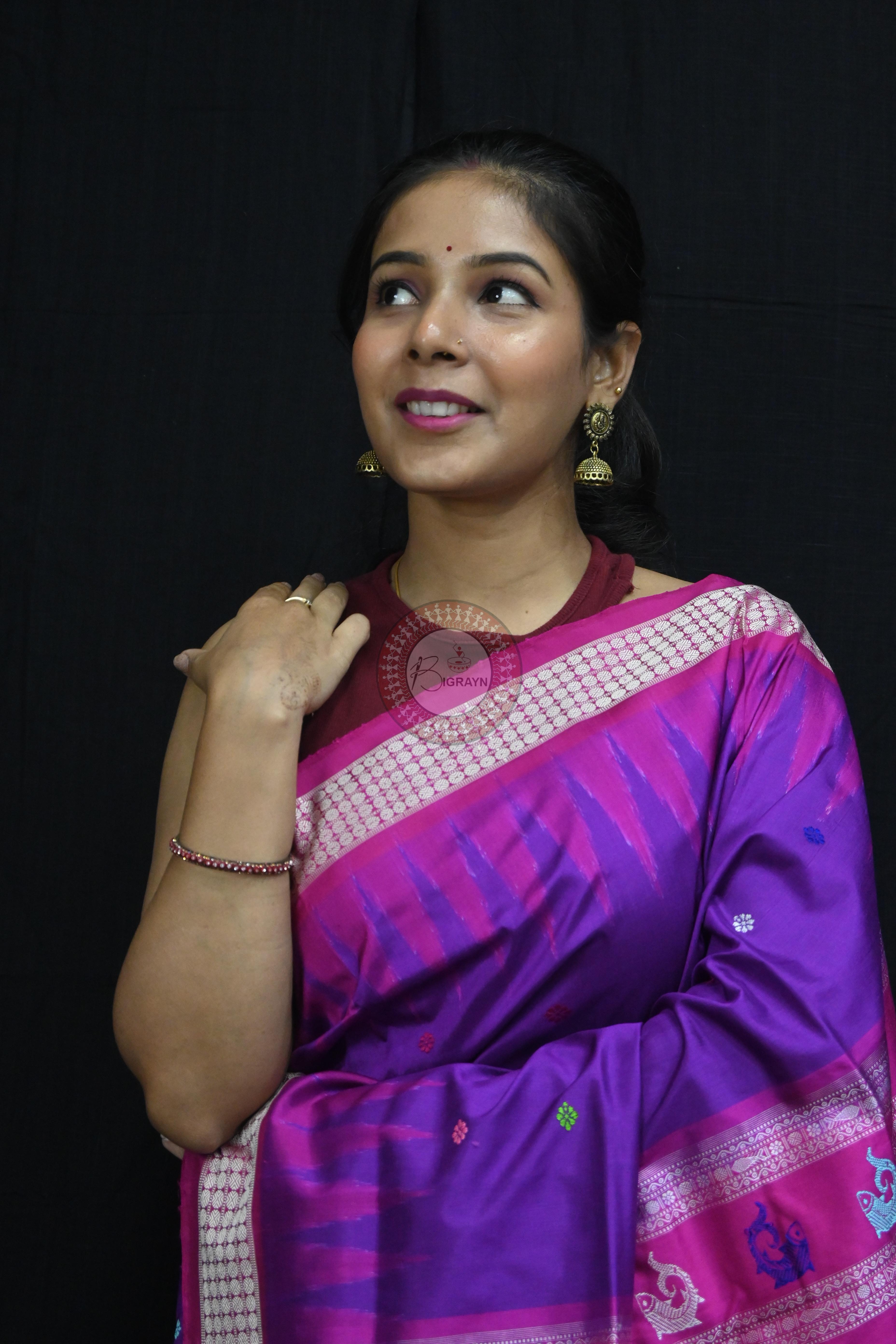 Purple Magenta Animal Anchal Bomkai Silk Saree