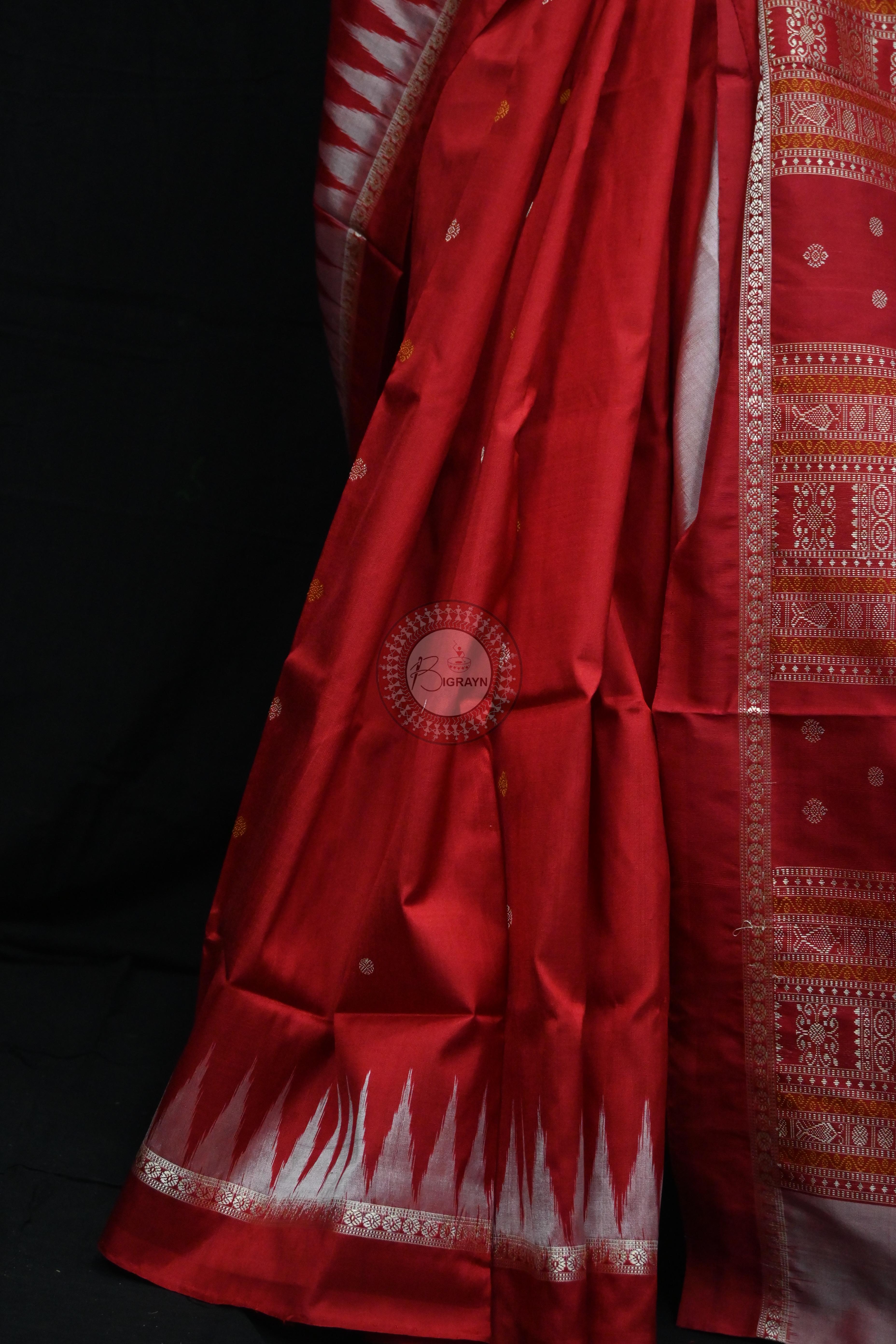 Red White Temples Buti Bomkai Silk Saree