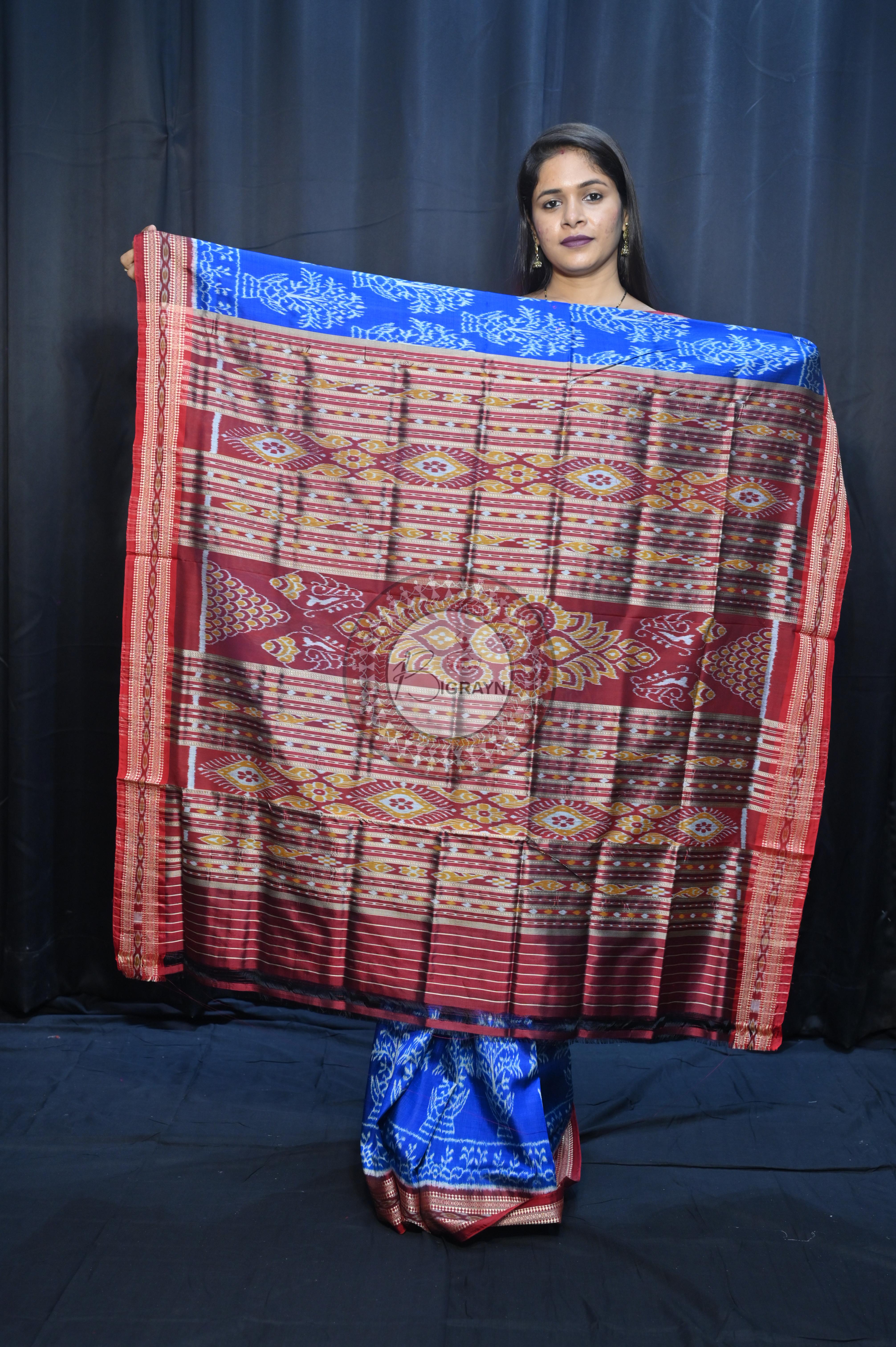 Blue Maroon Tulshi Tree Design Khandua Silk Saree