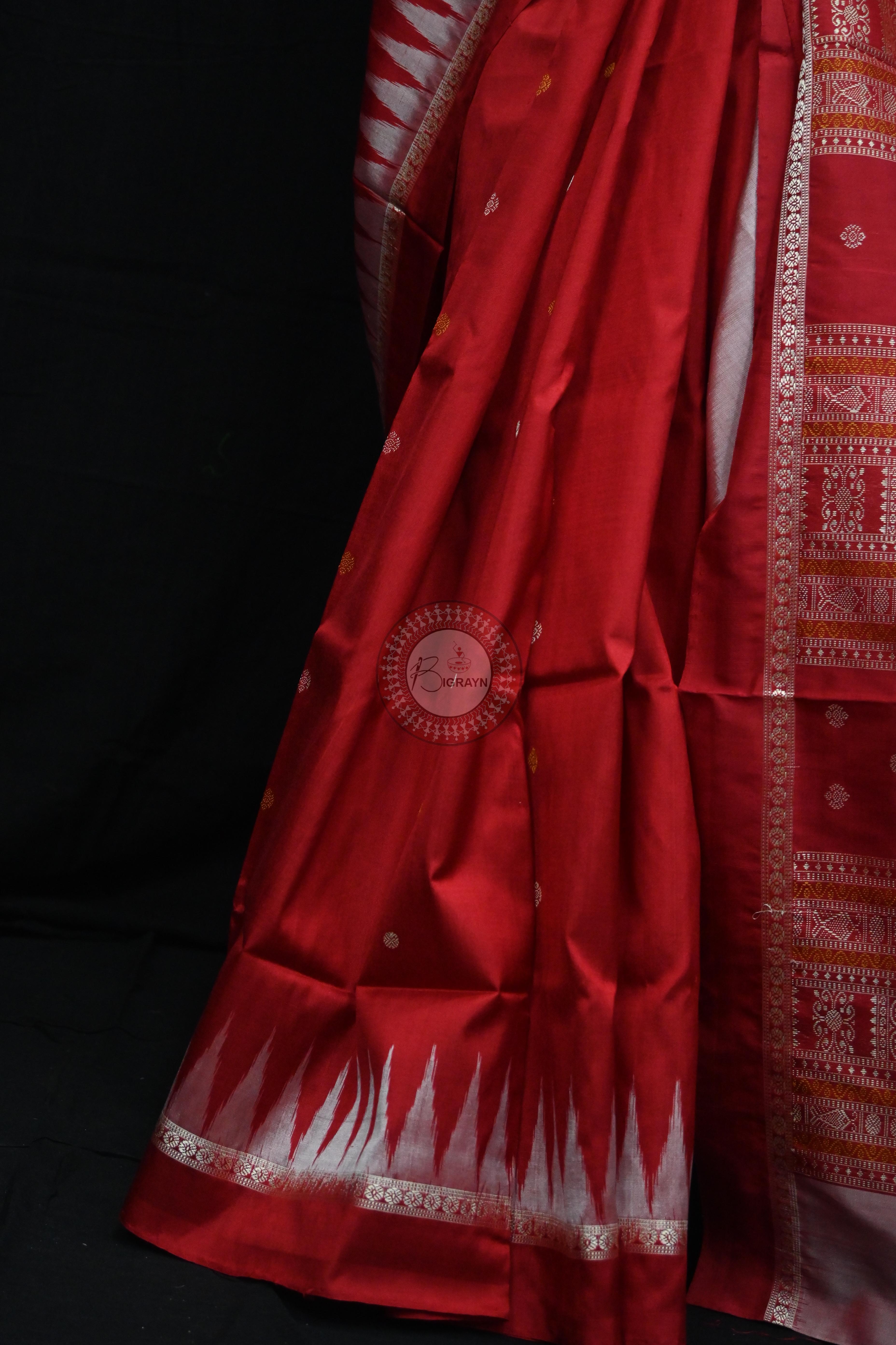 Red White Temples Buti Bomkai Silk Saree