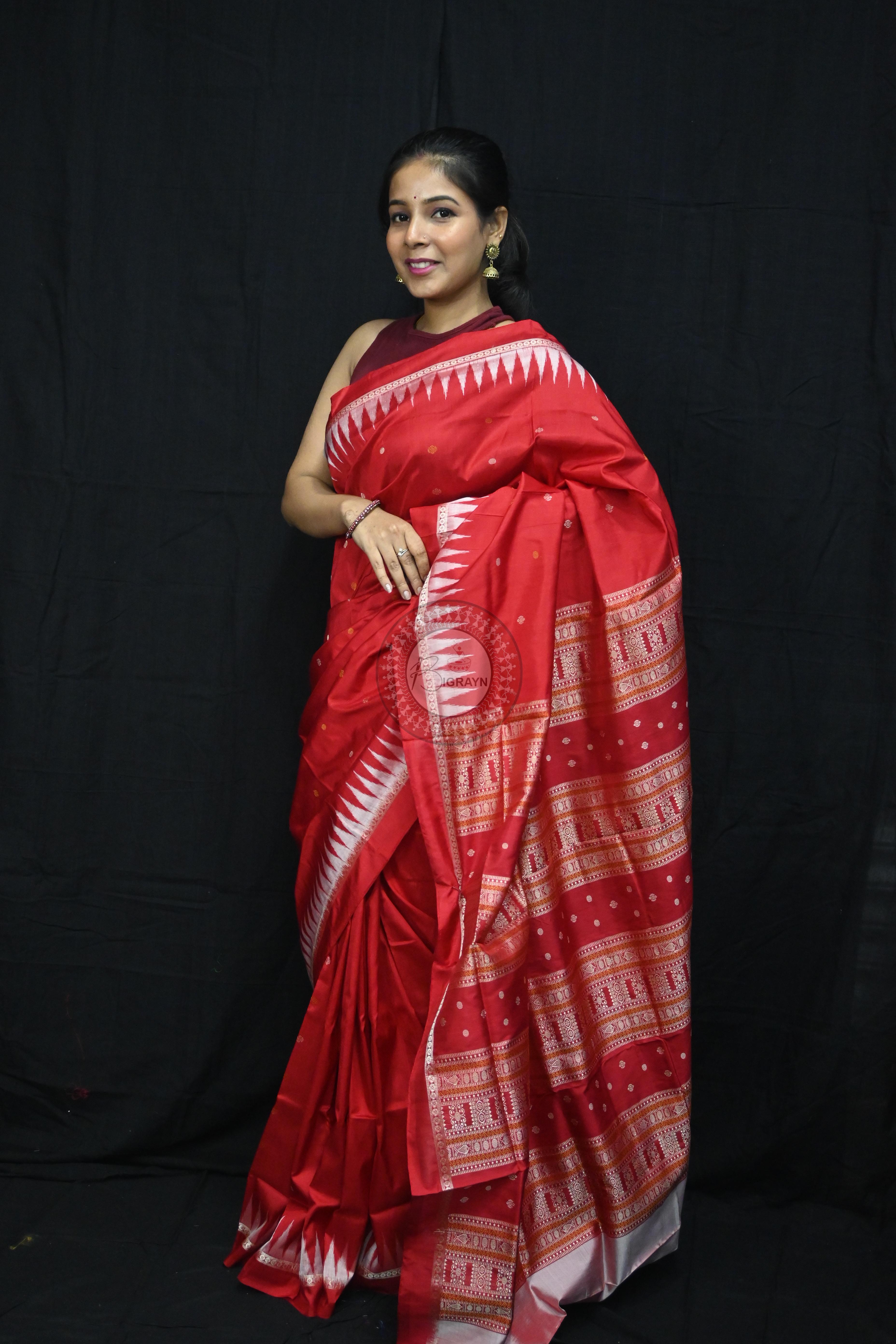 Red White Temples Buti Bomkai Silk Saree