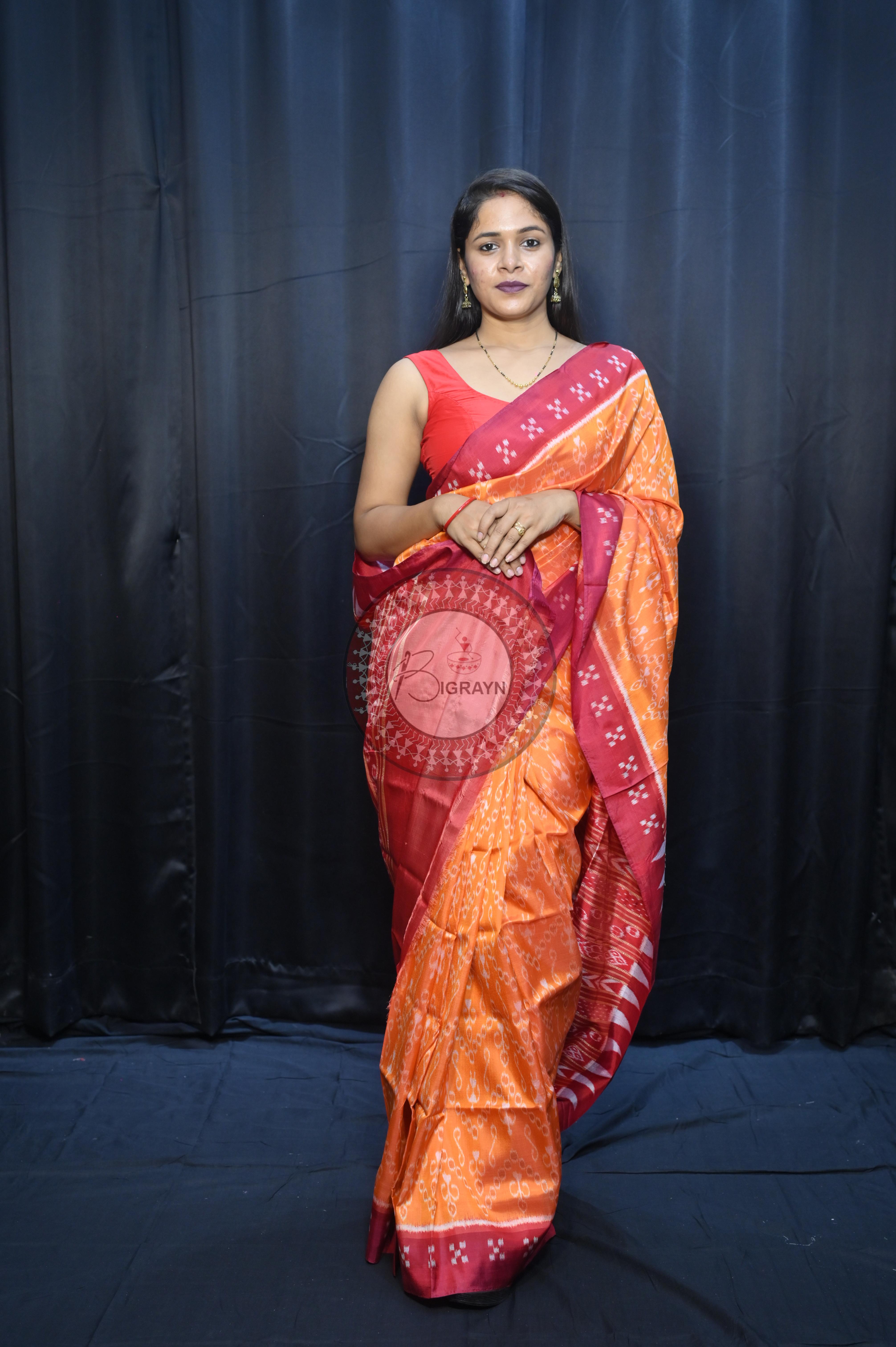 Yellow Maroon Tribal Design Mulberry Silk Saree