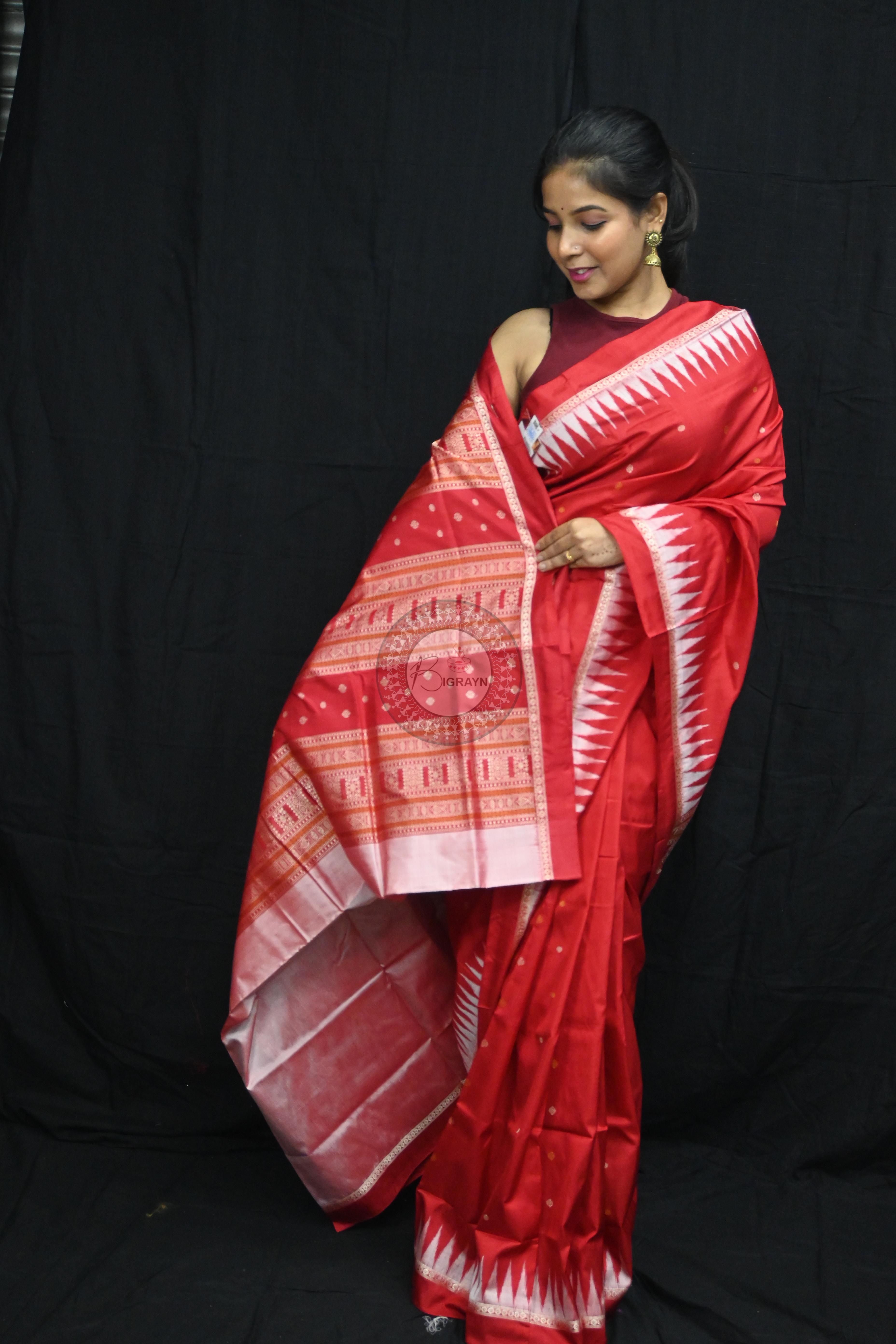 Red White Temples Buti Bomkai Silk Saree