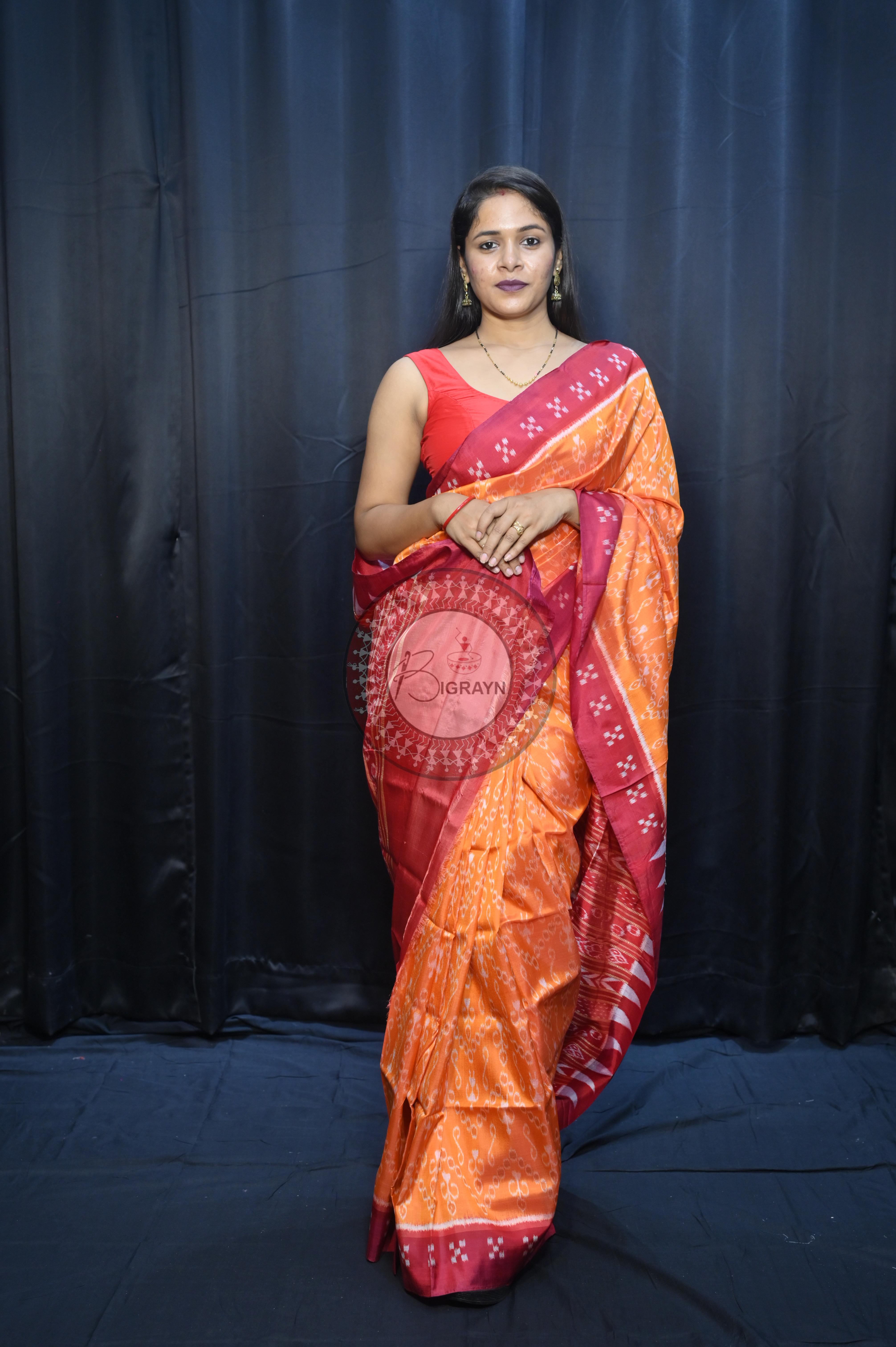 Yellow Maroon Tribal Design Mulberry Silk Saree