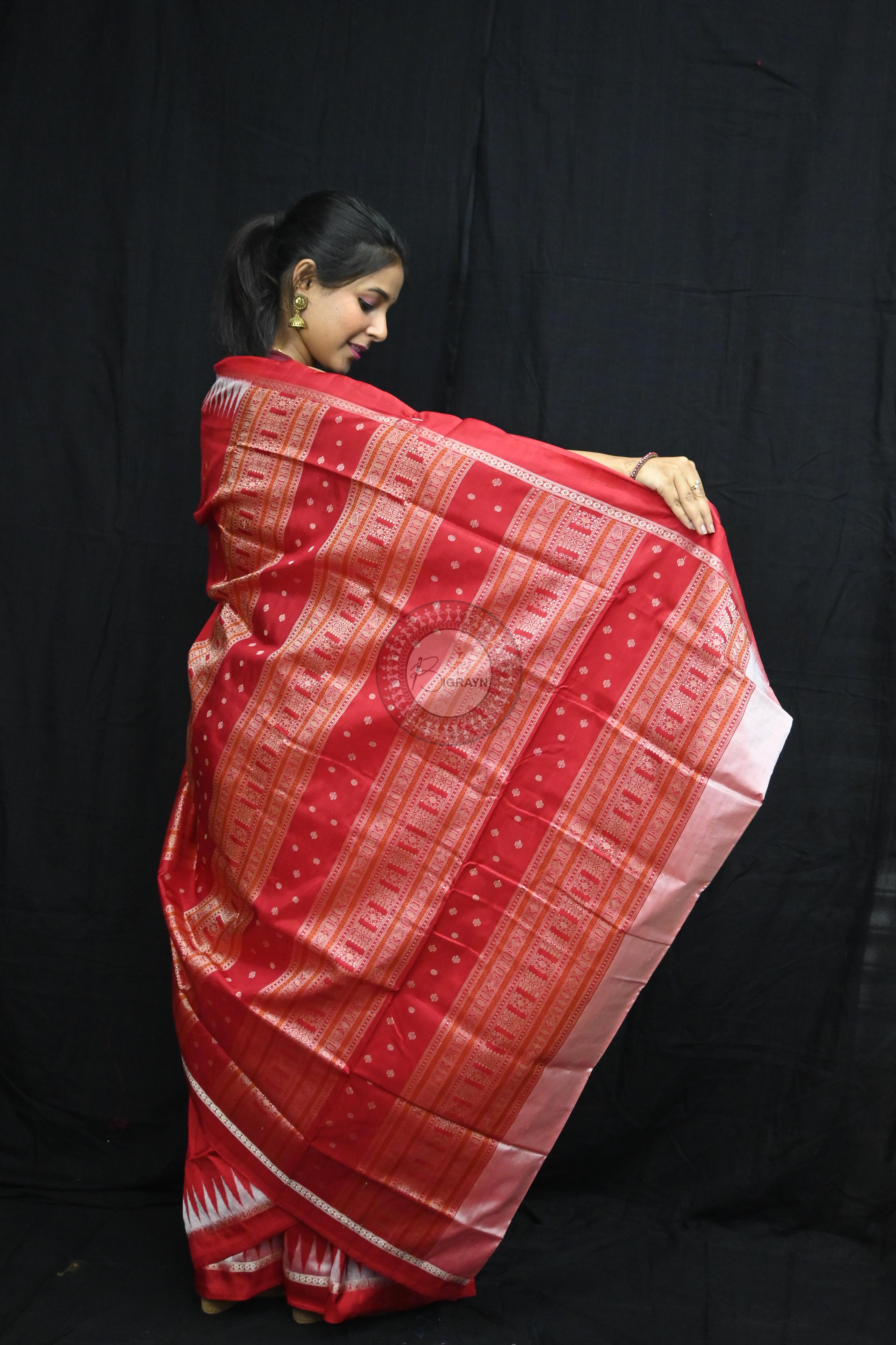Red White Temples Buti Bomkai Silk Saree