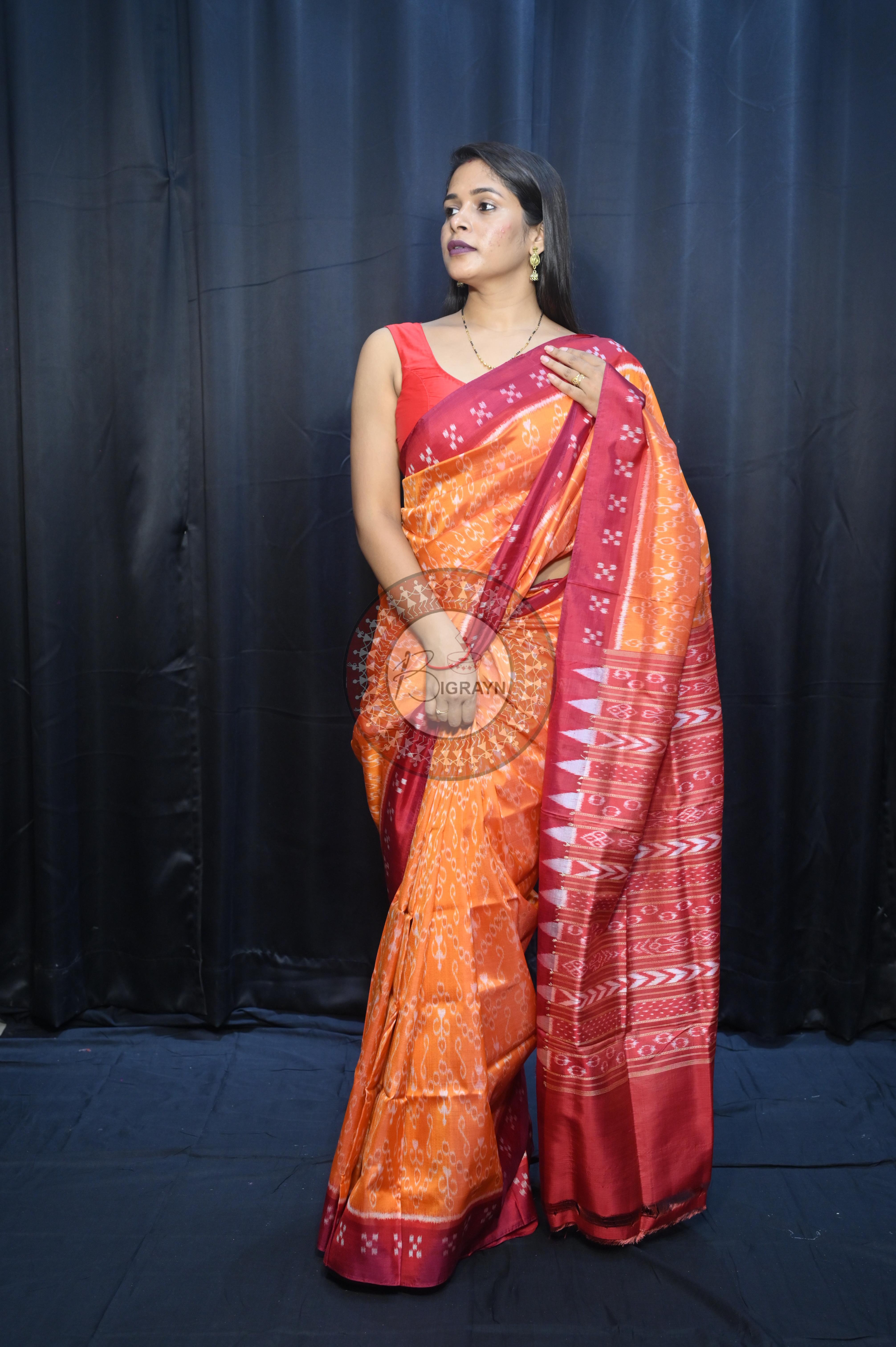 Yellow Maroon Tribal Design Mulberry Silk Saree
