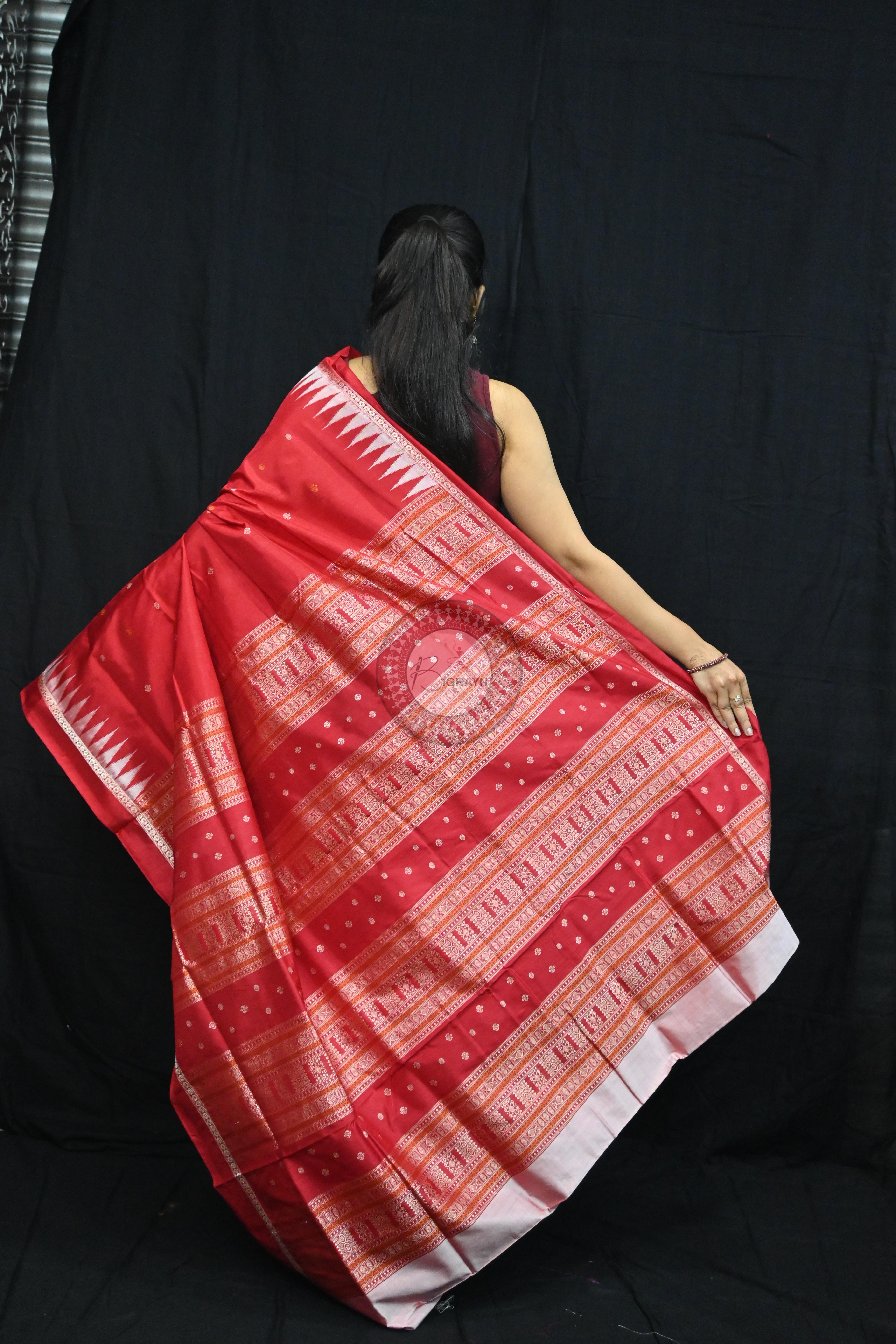 Red White Temples Buti Bomkai Silk Saree