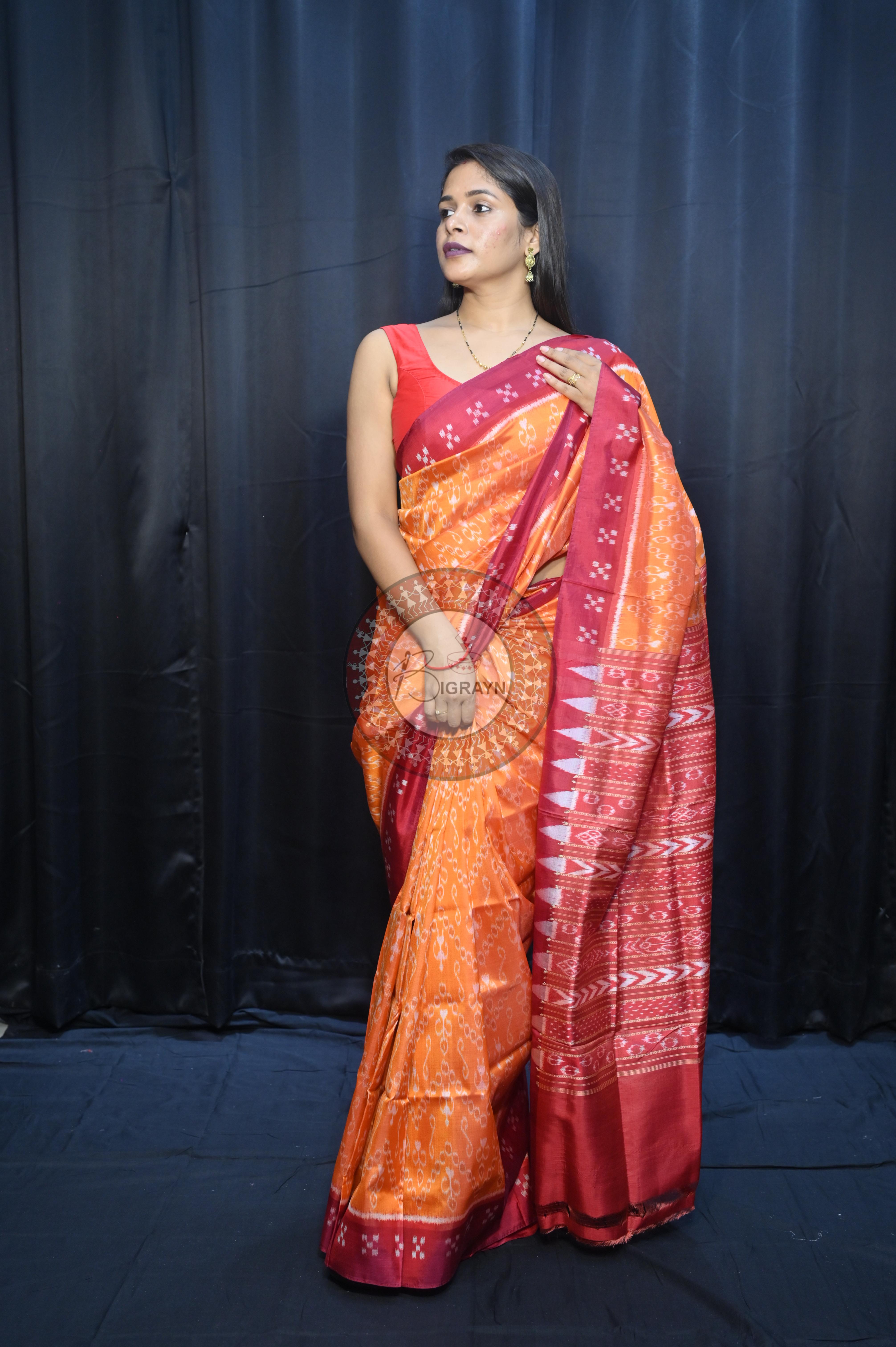 Yellow Maroon Tribal Design Mulberry Silk Saree