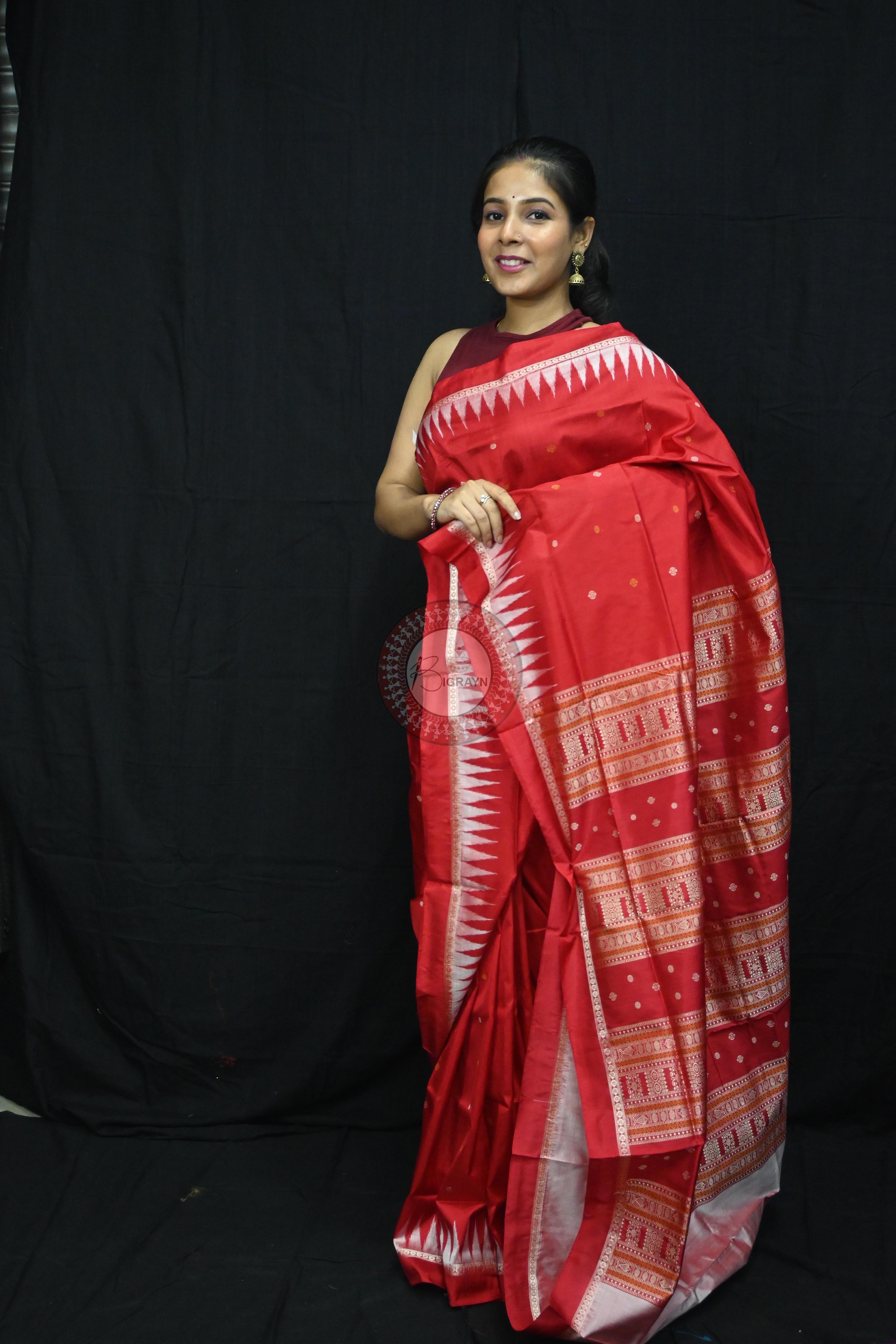 Red White Temples Buti Bomkai Silk Saree