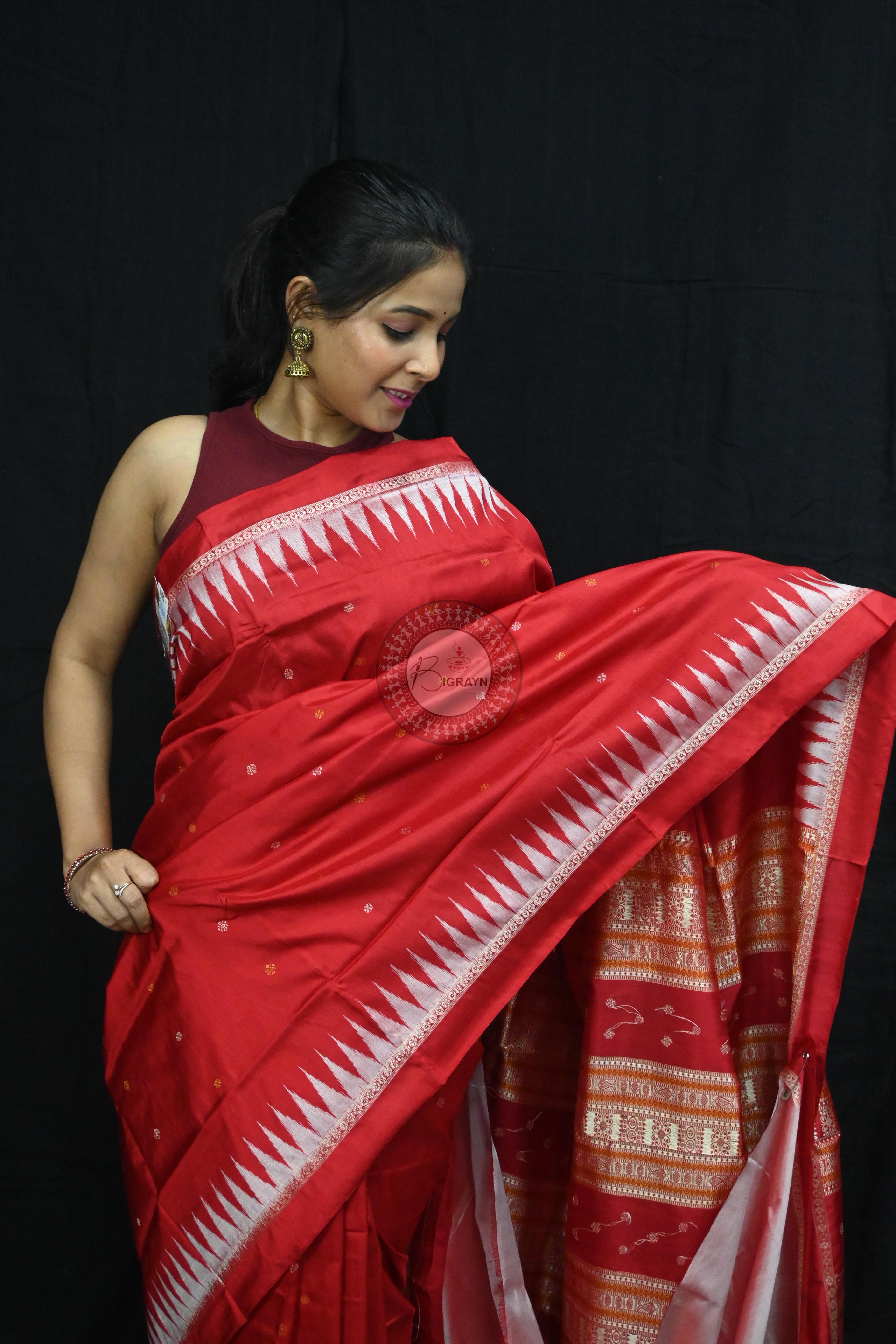 Red White Temples Buti Bomkai Silk Saree