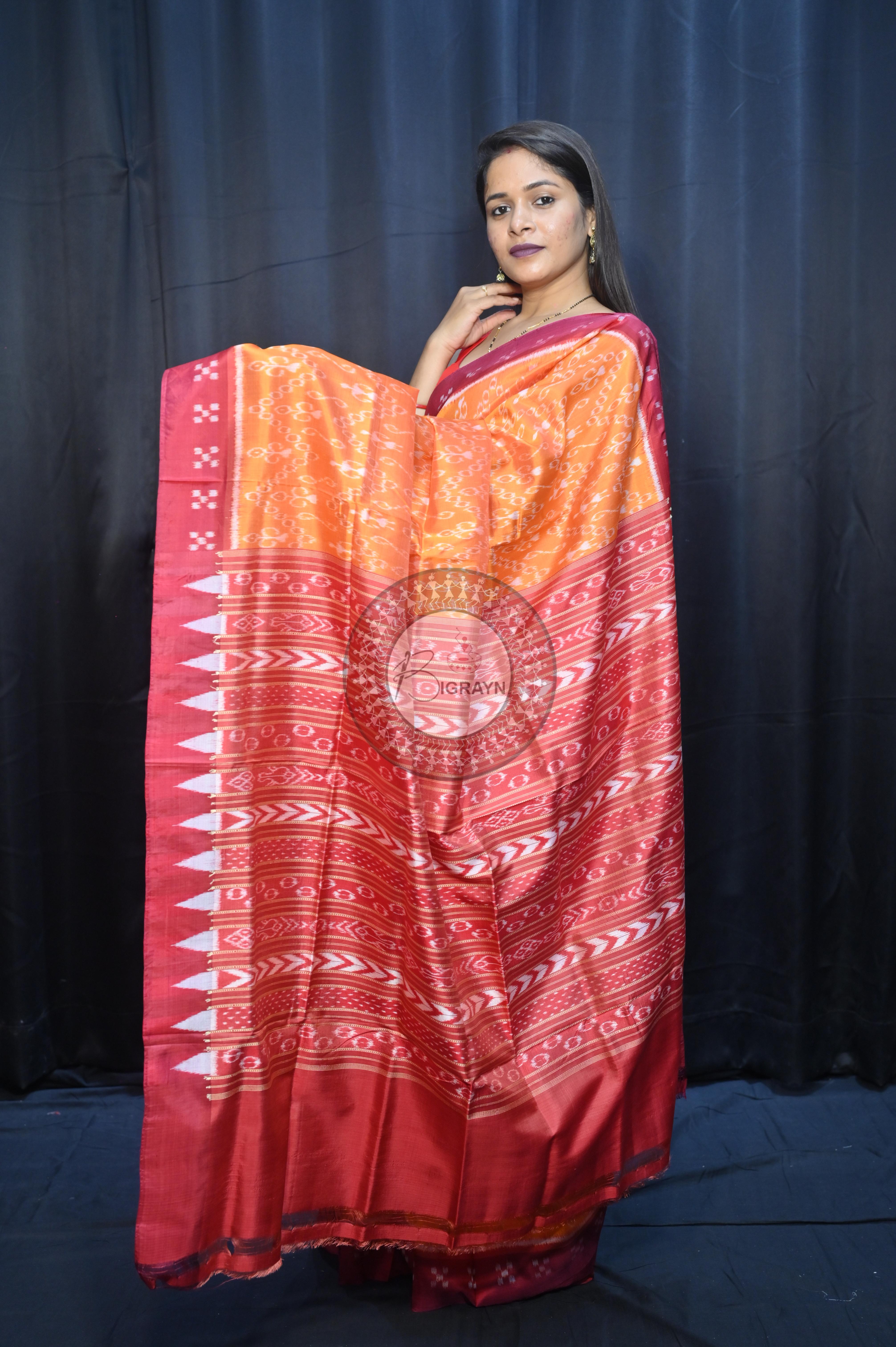 Yellow Maroon Tribal Design Mulberry Silk Saree