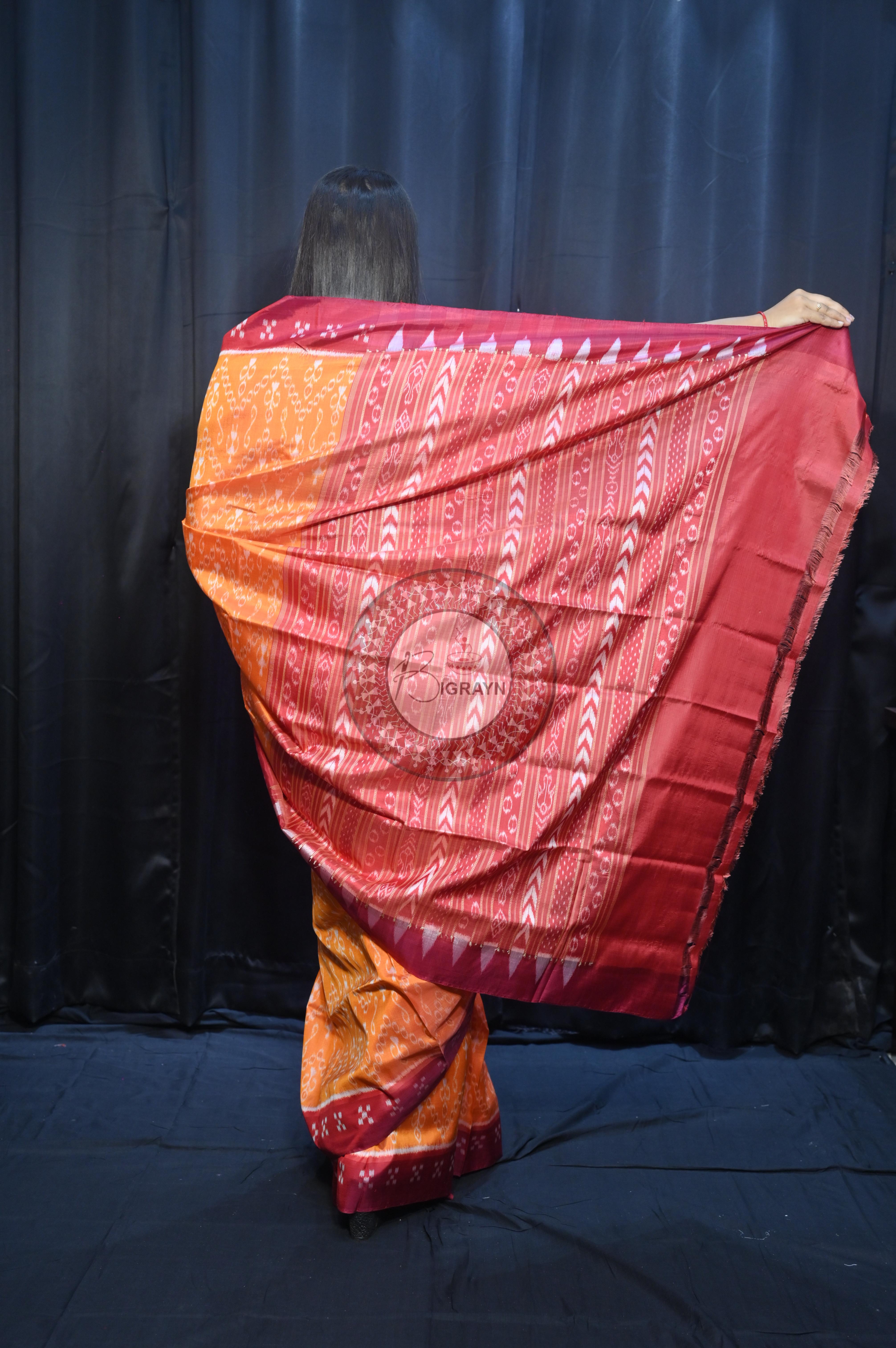 Yellow Maroon Tribal Design Mulberry Silk Saree