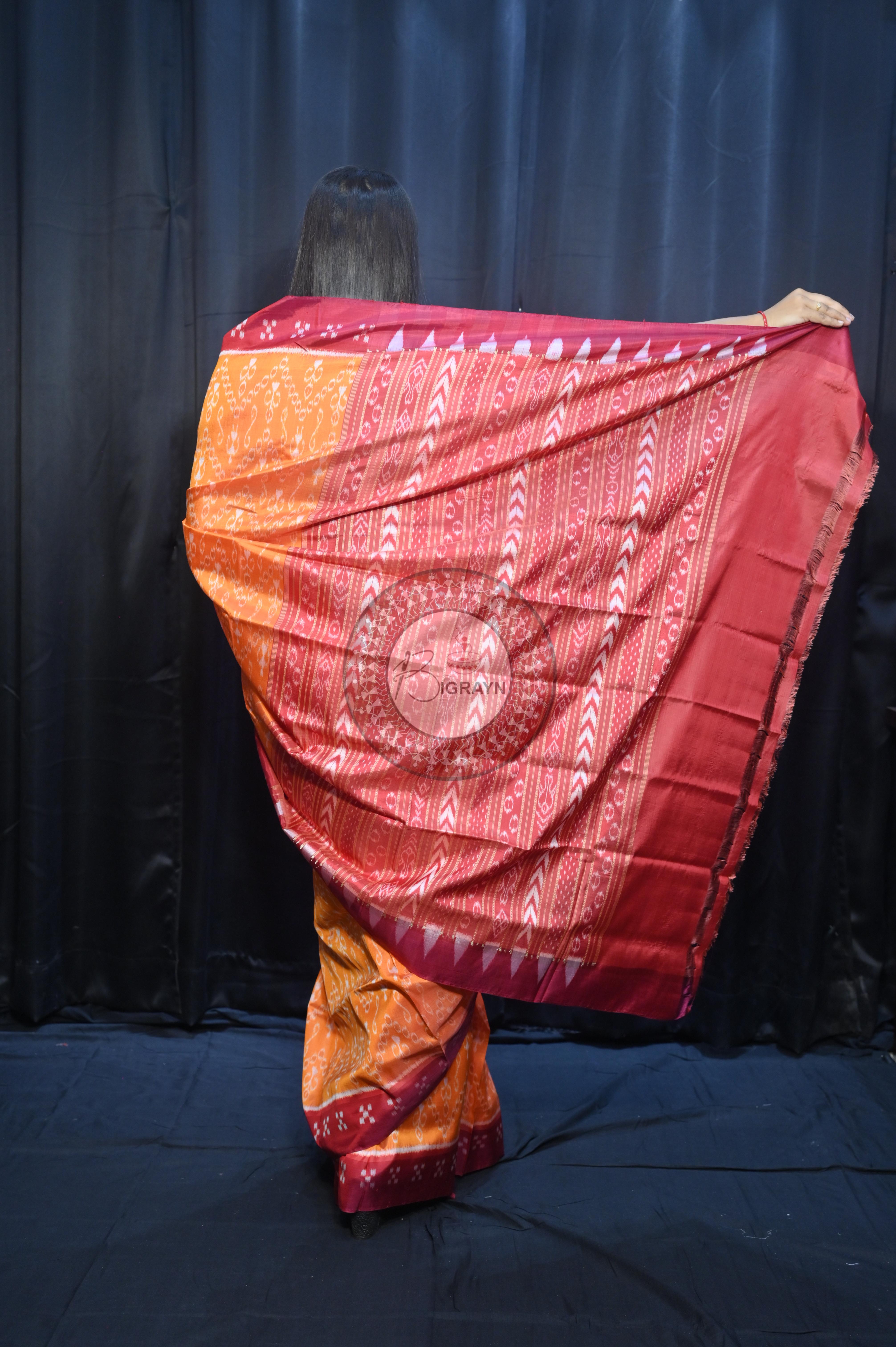 Yellow Maroon Tribal Design Mulberry Silk Saree
