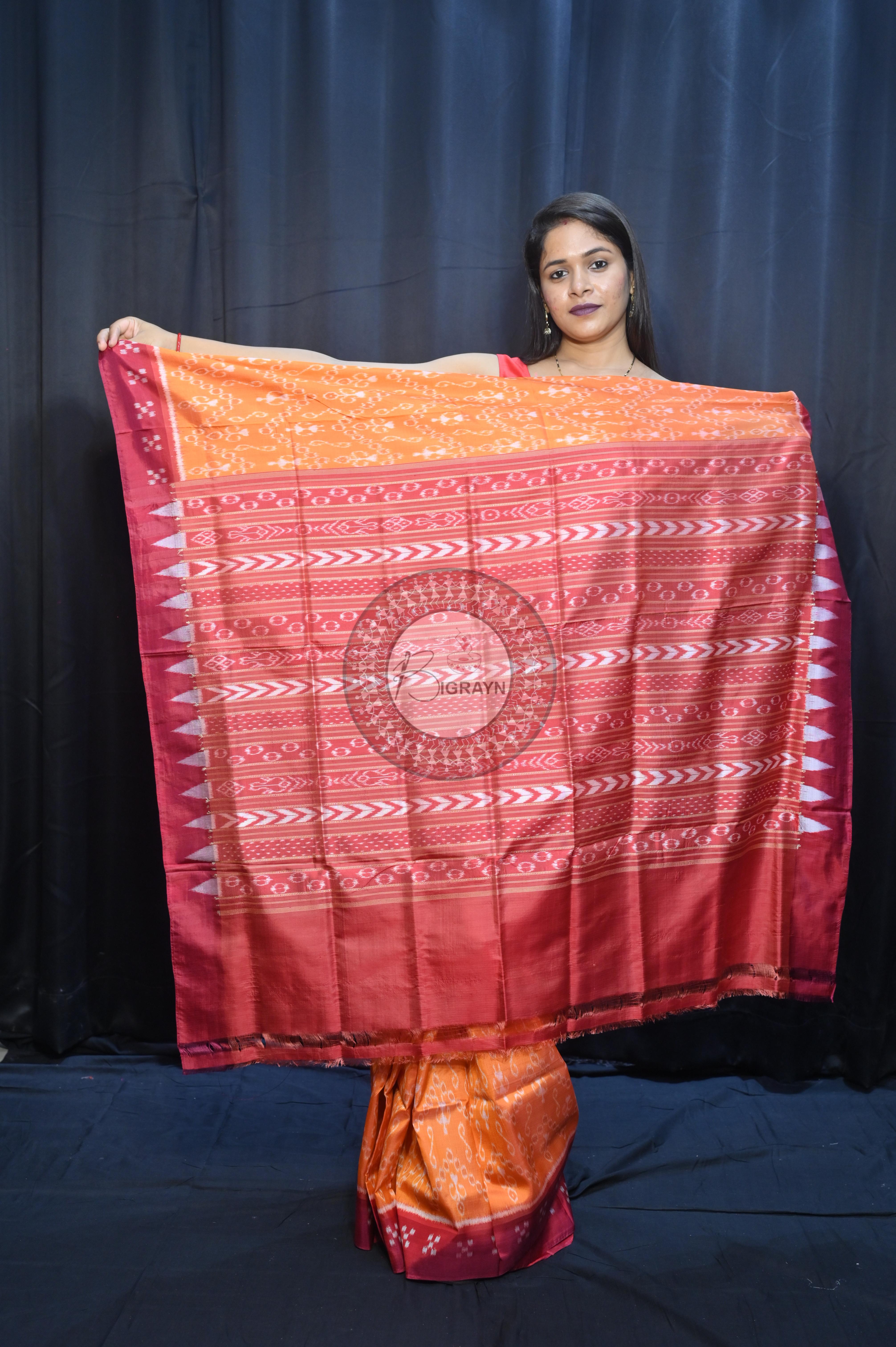 Yellow Maroon Tribal Design Mulberry Silk Saree
