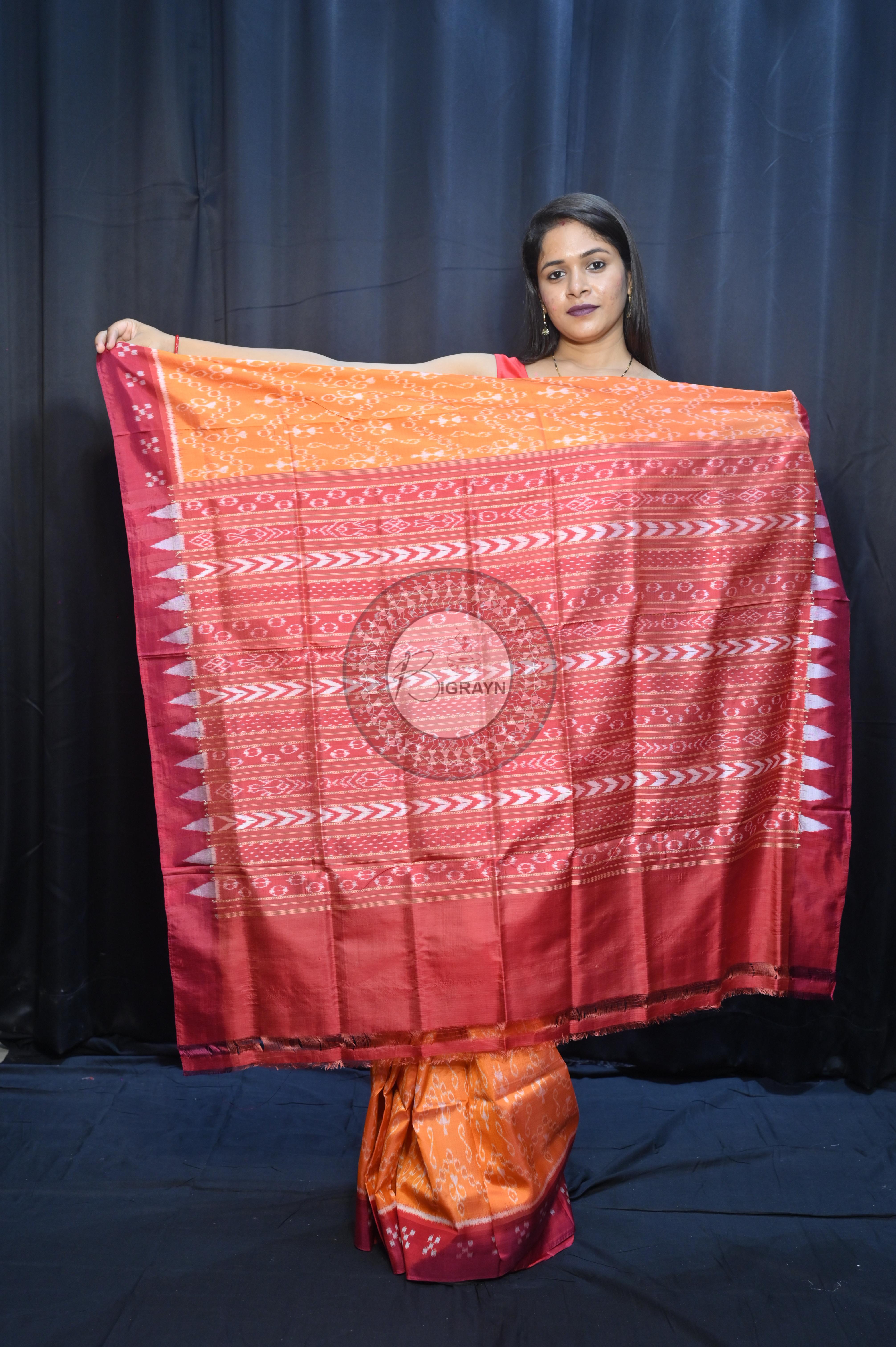 Yellow Maroon Tribal Design Mulberry Silk Saree