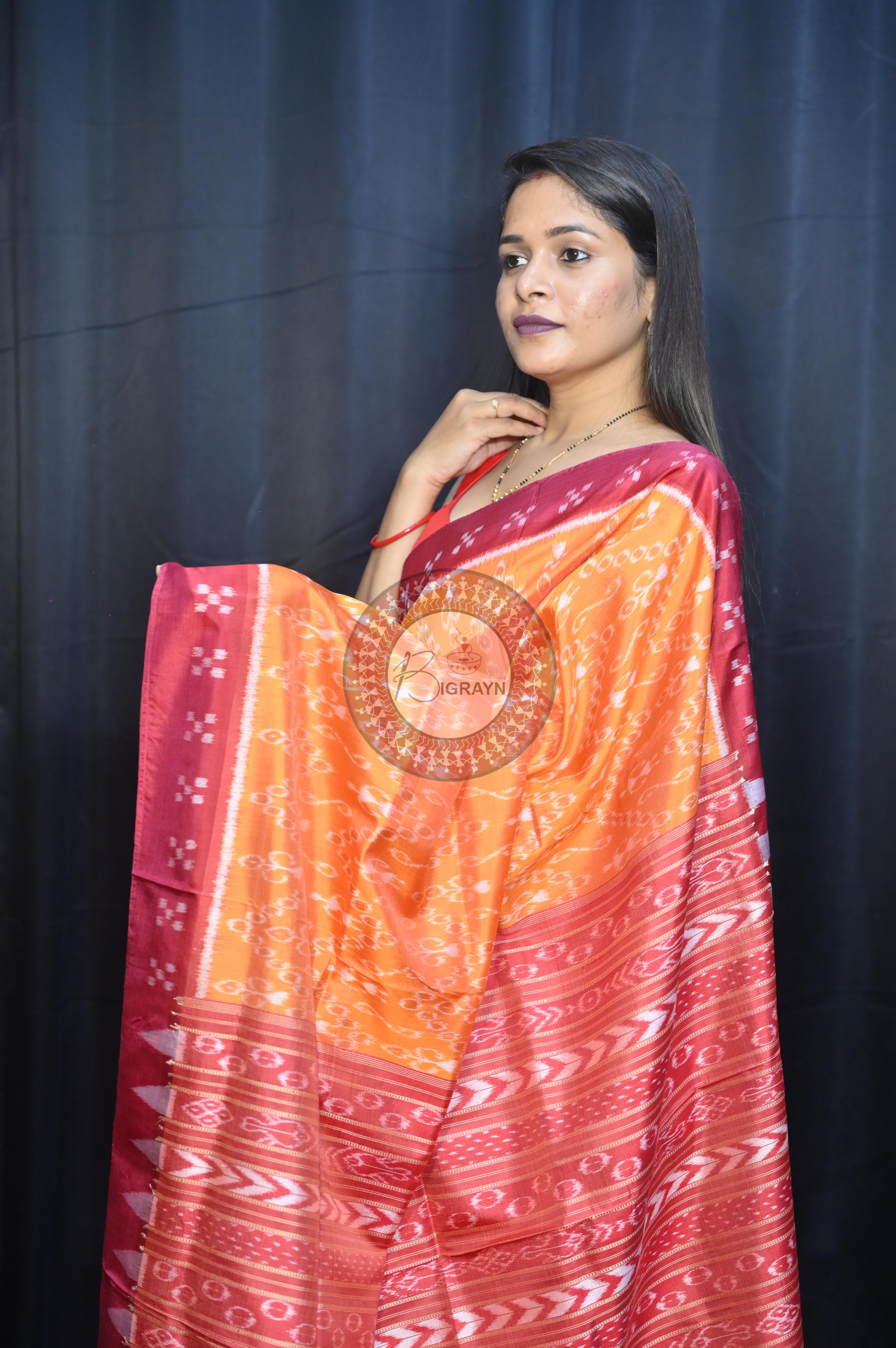Yellow Maroon Tribal Design Mulberry Silk Saree