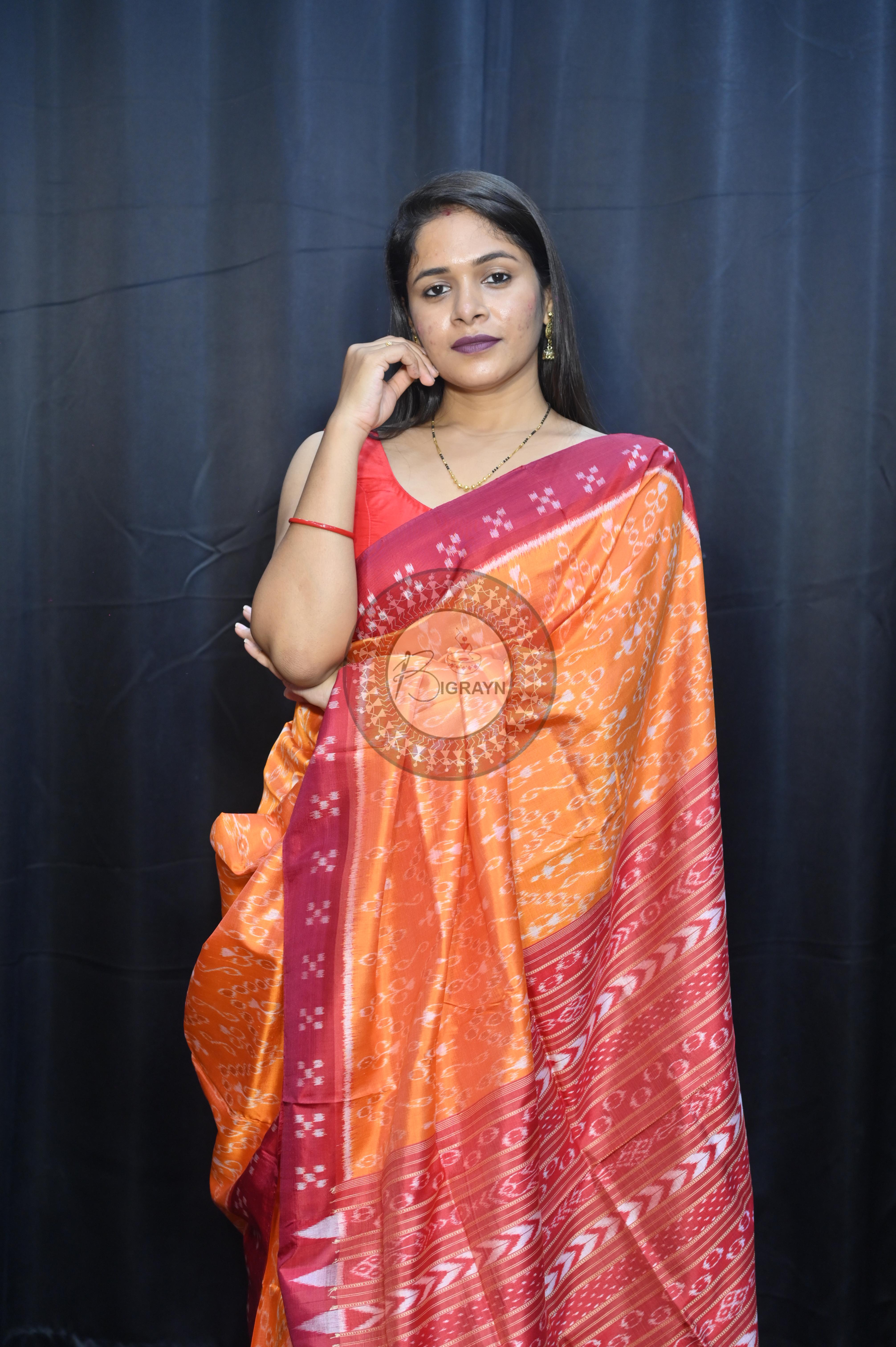 Yellow Maroon Tribal Design Mulberry Silk Saree